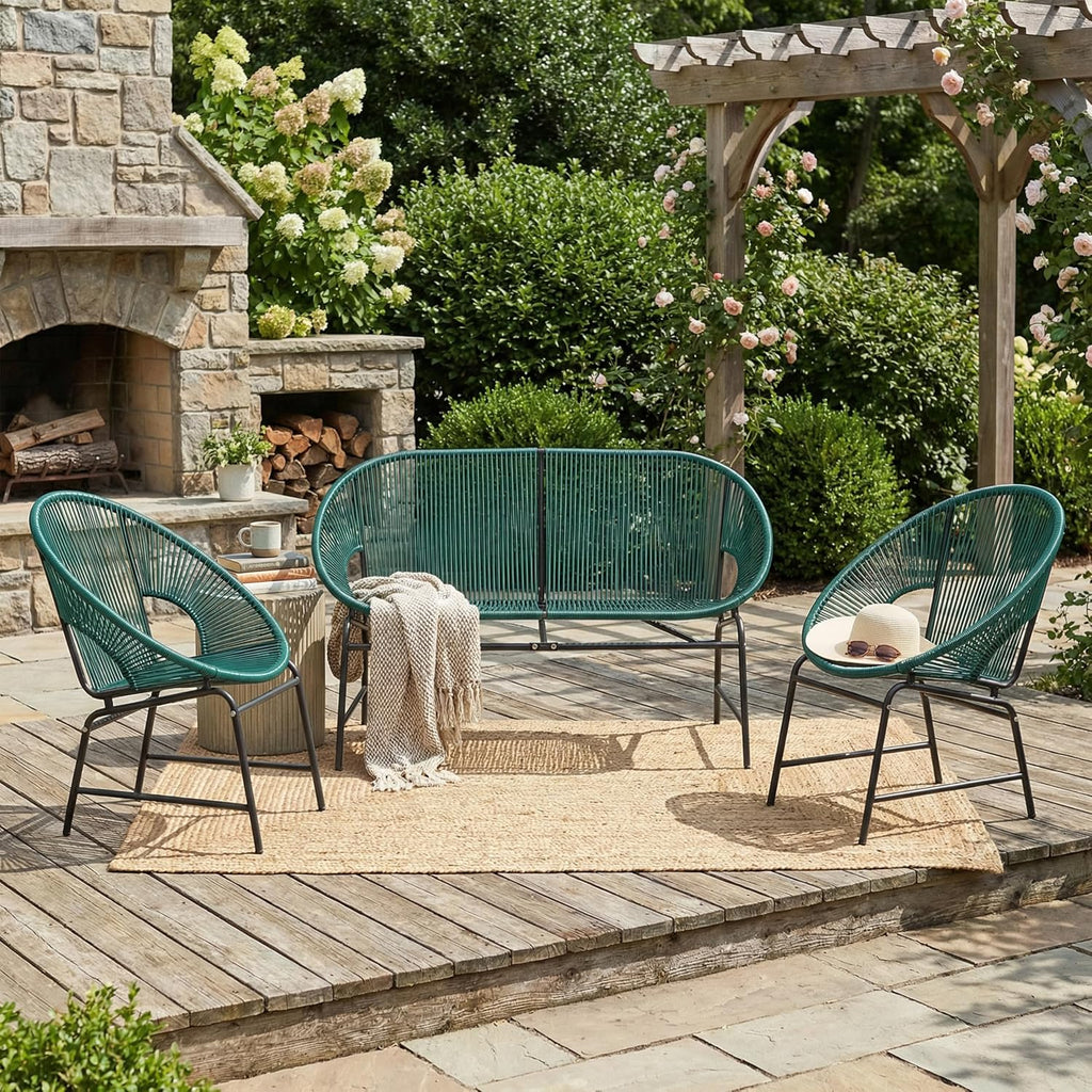 Christopher Knight Home Dessa 3 Piece Patio Furniture Set, Wicker Patio Loveseat Sofa and Accent Chair Set of 2, Metal Double Papasan Chair, Teal