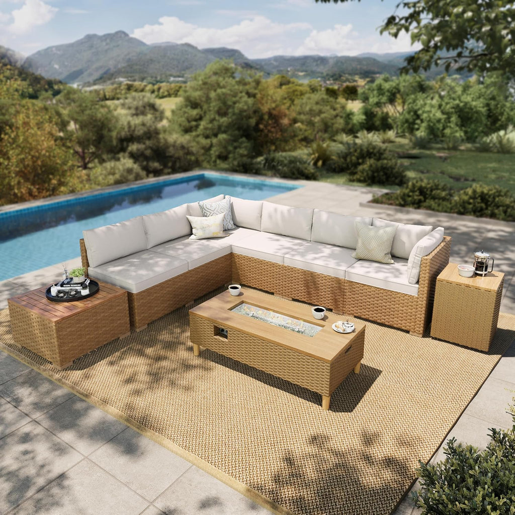 HERA'S HOUSE Patio Furniture Set with Fire Pit Table, 8 Pieces 6 Seats Wicker Outdoor Sectional Sets,Yellow Rattan Conversation Set with Sofa and Table for Backyard, l Shape Balcony Couch