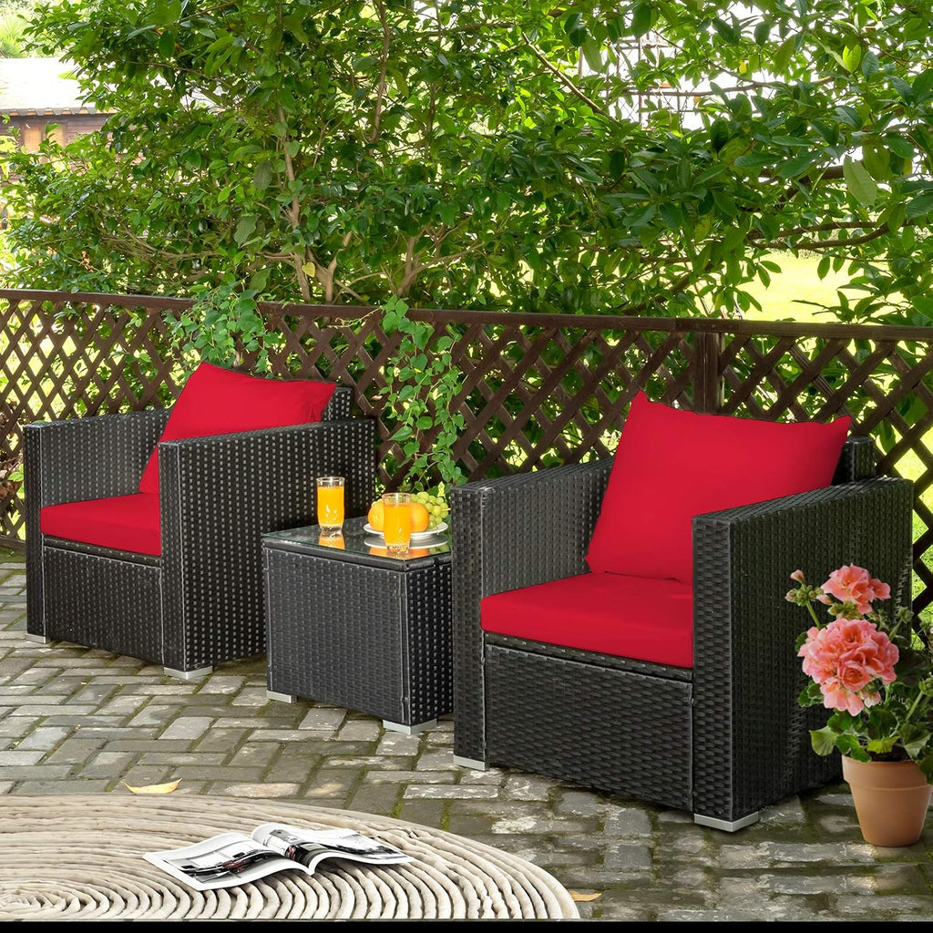 COSTWAY 3-Piece Outdoor Patio Furniture Set, Cushioned Armchairs and Tempered Glass Coffee Table, Wicker Rattan Sofa Set for Garden, Balcony, Backyard (Red)
