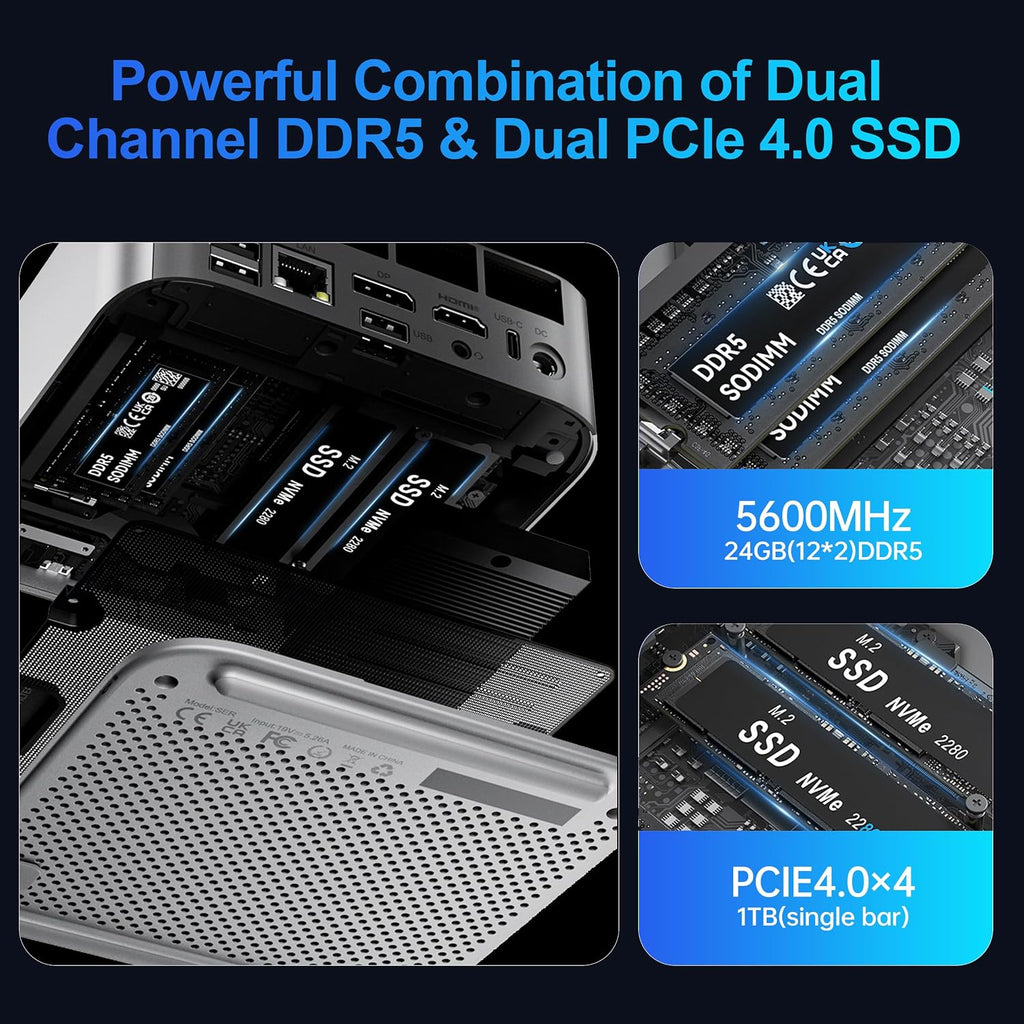 Beelink SER8 Mini PC, AMD Ryzen 7 8745HS(Max 4.9GHz), 24GB DDR5 5600MHz 1TB PCIE4.0 SSD Mini Desktop Computer,Radeon 780M Graphics 12 core 2600MHz, 4K Triple Display USB4/DP/HDMI, 2.5G LAN Micro PC