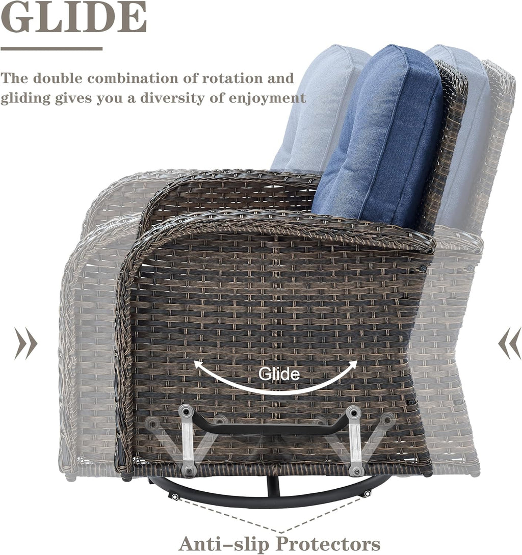 Belord Patio Furniture Swivel Glider PE Wicker Chairs, Outdoor Swivel Rocker Seating with Cushions for Porch Deck Balcony, Brown Wicker Blue Cushion