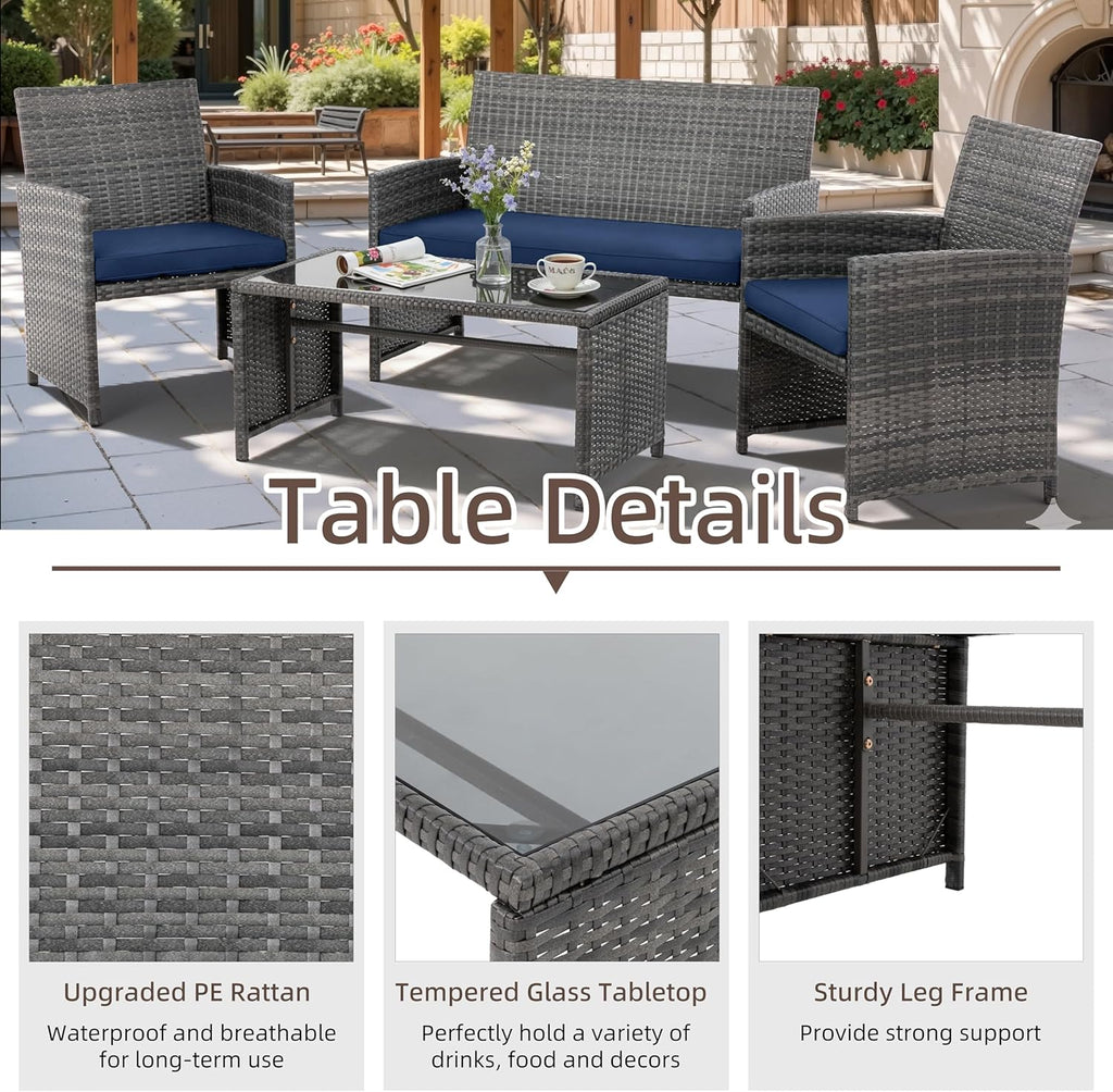4 Piece Patio Ratten Set Outdoor Furniture Set Wicker Conversation Set with Cushions and Tempered Glass Tabletop,Deep Blue