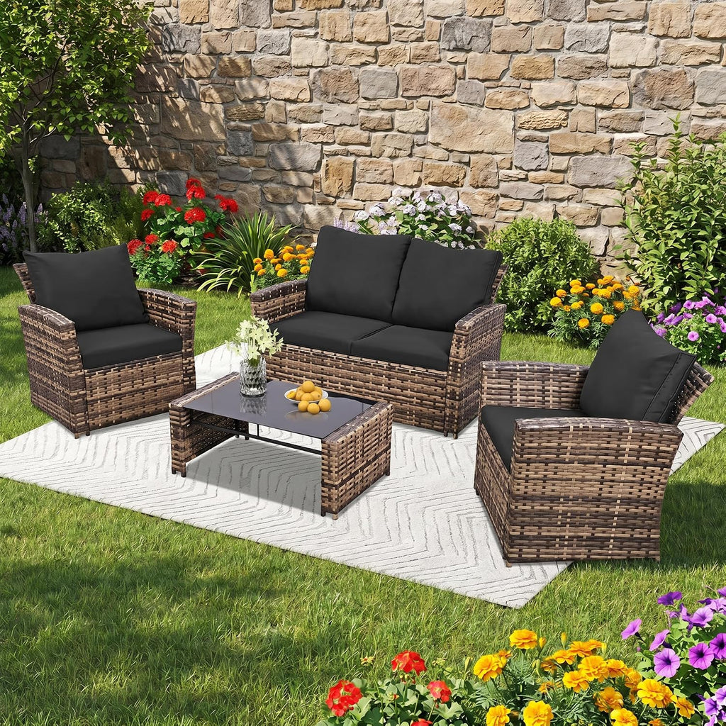 FHFO 4 Piece Patio Furniture Set, Wicker Outdoor Conversation Furniture Set, All Weather Patio Sofa Couch with Cushion & Glass Table, Yellow/Black