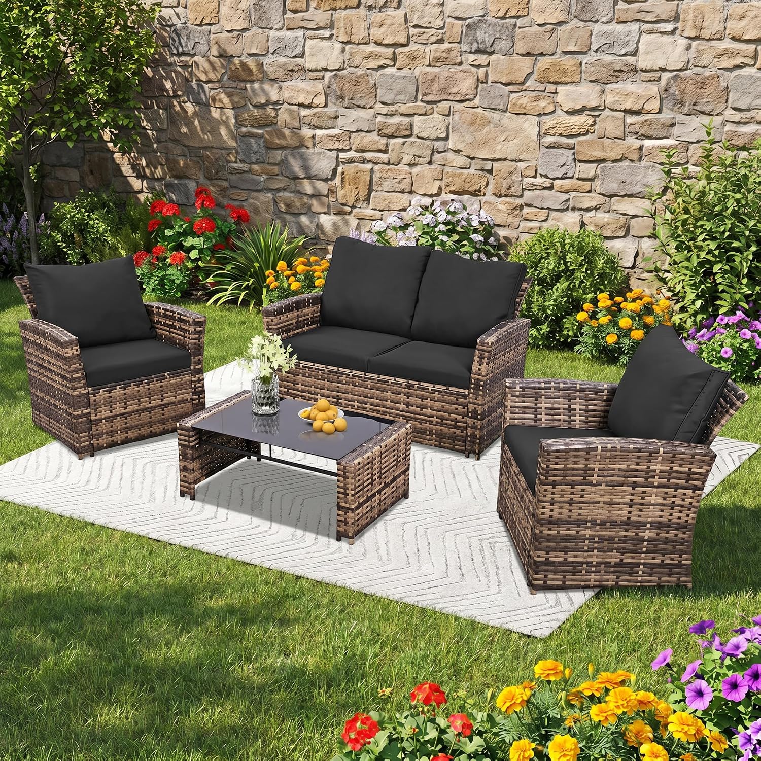 FHFO 4 Piece Patio Furniture Set, Wicker Outdoor Conversation Furniture Set, All Weather Patio Sofa Couch with Cushion & Glass Table, Yellow/Black
