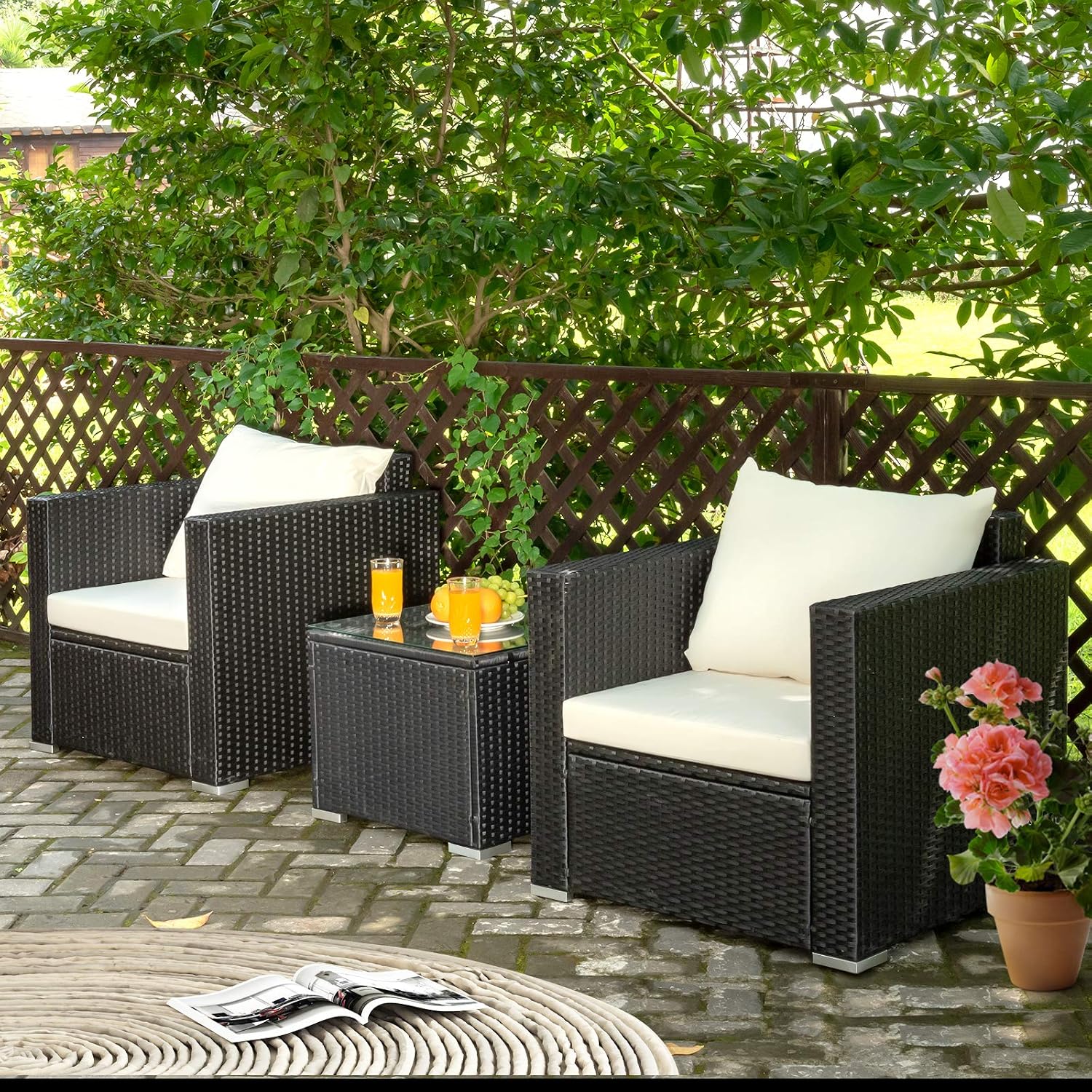 Tangkula 3 Pieces Patio Furniture Set, PE Rattan Wicker Sofa Set w/Washable Cushion and Tempered Glass Tabletop, Outdoor Conversation Furniture for Garden Poolside