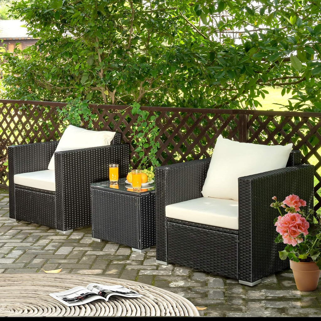 COSTWAY 3-Piece Outdoor Patio Furniture Set, Cushioned Armchairs and Tempered Glass Coffee Table, Wicker Rattan Sofa Set for Garden, Balcony, Backyard (White)