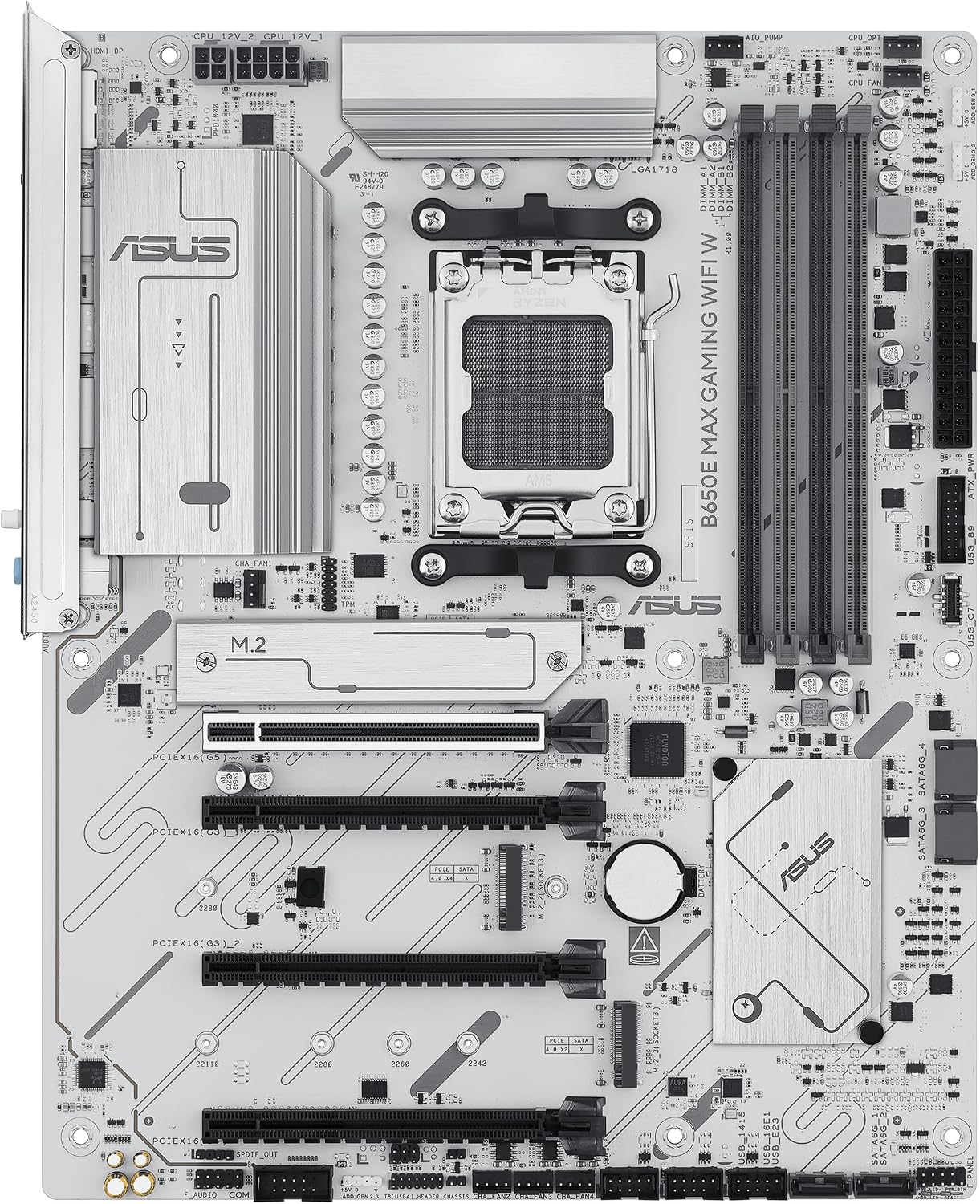 ASUS B650E MAX Gaming WiFi W – AMD B650 AM5 ATX Motherboard, White PCB, DDR5, PCIe 5.0, 3X M.2, Wi-Fi 6E, 2.5Gb LAN, USB 10Gbps Type-C, DisplayPort, HDMI™, BIOS Flashback™, Aura Sync, Advanced AI PC