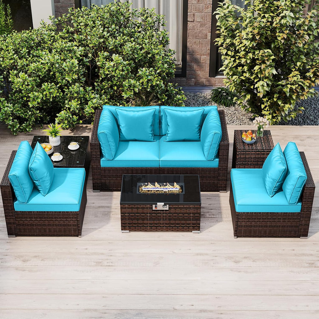 Tangkula 7 Pieces Wicker Patio Furniture Set with 40,000 BTU Gas Fire Pit Table & Propane Tank Cover Table & Glass Top Coffee Table, for Garden, Backyard and Poolside (Turquoise)