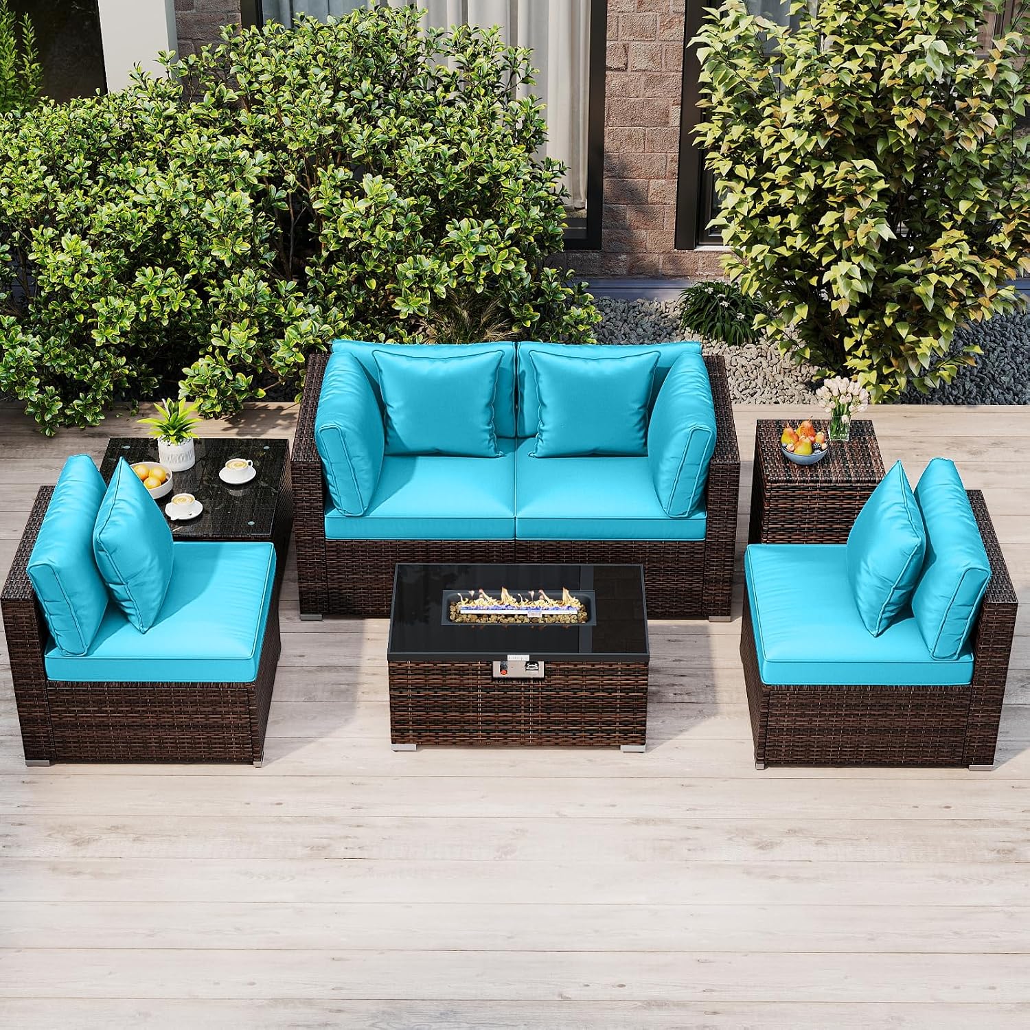 Tangkula 7 Pieces Wicker Patio Furniture Set with 40,000 BTU Gas Fire Pit Table & Propane Tank Cover Table & Glass Top Coffee Table, for Garden, Backyard and Poolside (Turquoise)