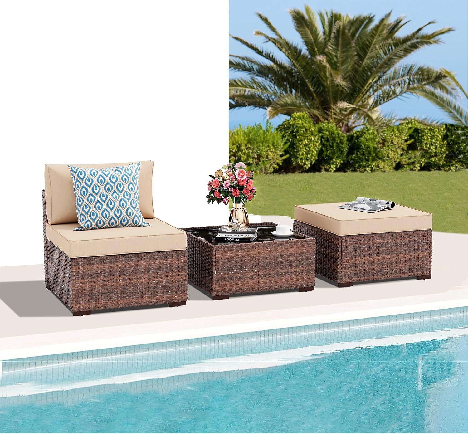 Patiorama 3 Piece Patio Furniture Set, Outdoor Sectional Sofa, PE Wicker Rattan Conversation Set, All Weather Armless Chair and Ottoman with Coffee Table, Brown Wicker Beige Cushion