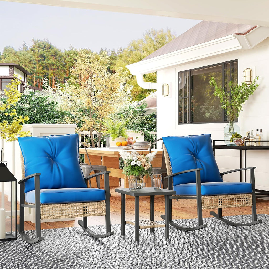 Outsunny 3 Pieces Rocking Wicker Outdoor Bistro Set, Rattan Patio Furniture Set with Coffee Table and Porch Chairs, Button Tufted Cushions for Backyard, Balcony, Garden, Dark Blue