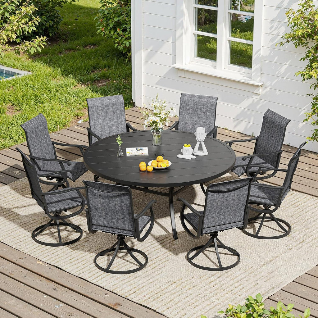 VICLLAX 9 Pieces Outdoor Dining Set, Patio Furniture Set of 8 Patio Swivel Dining Chairs and 60' Patio Round Table, Dark Charcoal Chairs & Black Tabletop
