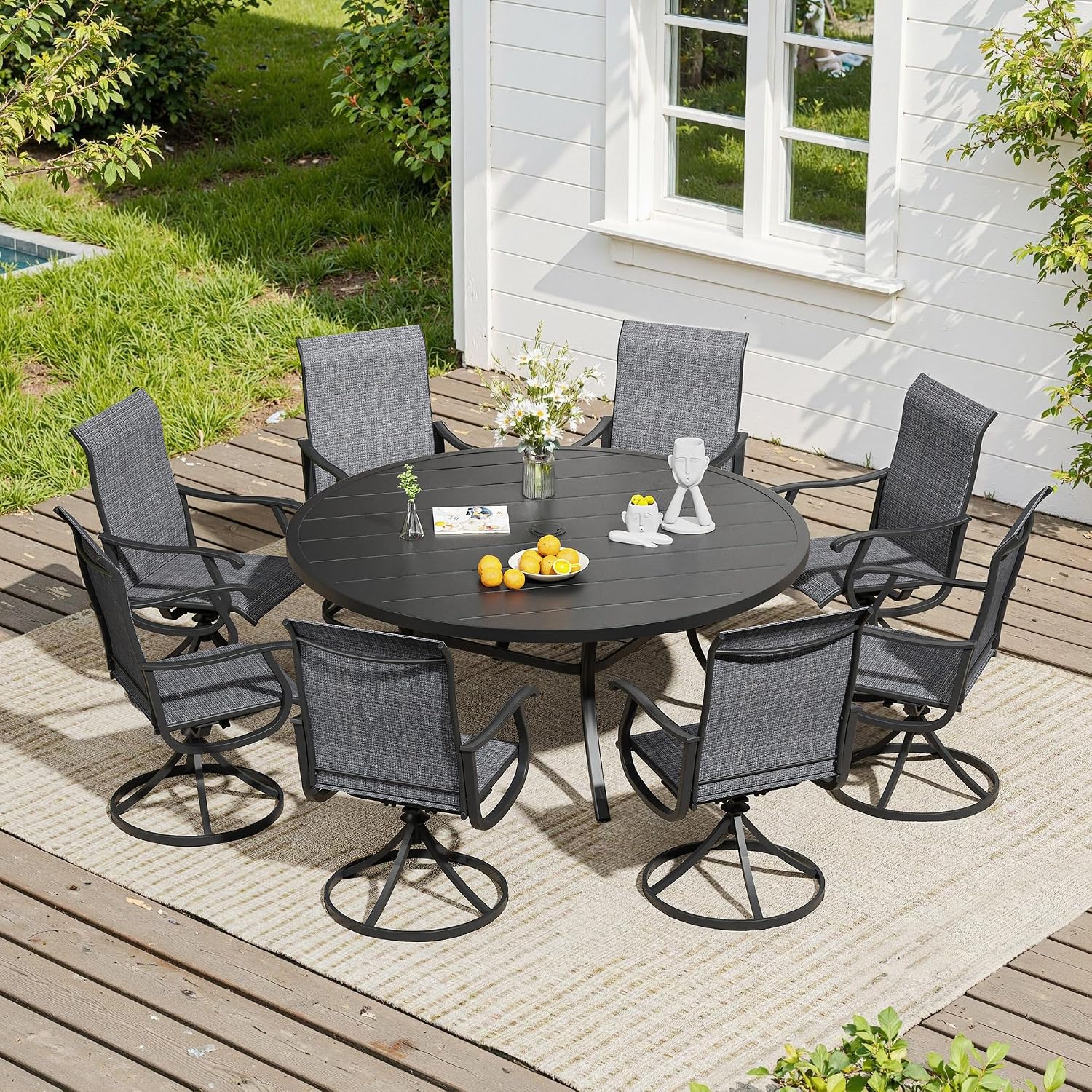 VICLLAX 9 Pieces Outdoor Dining Set, Patio Furniture Set of 8 Patio Swivel Dining Chairs and 60' Patio Round Table, Dark Charcoal Chairs & Black Tabletop