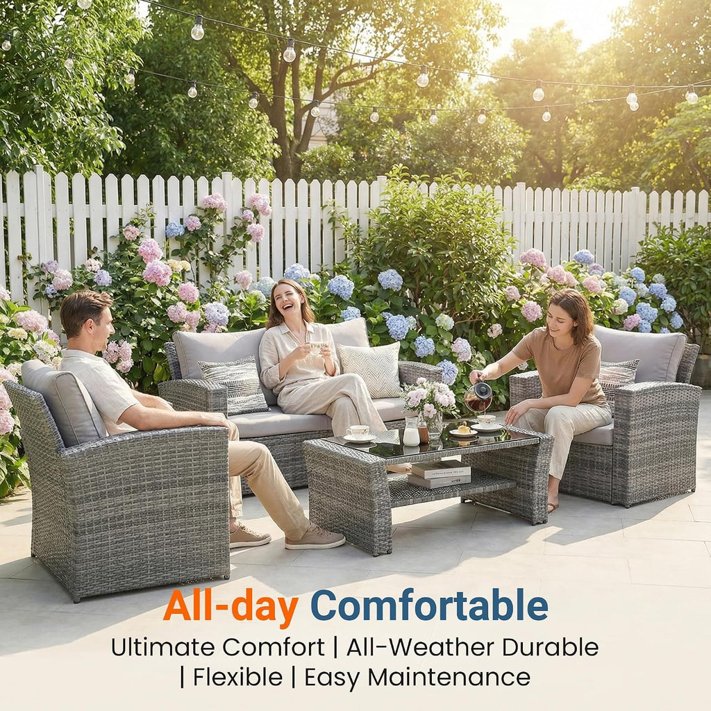 Wisteria Lane Patio Furniture Set, 5 Pieces Wicker Outdoor Furniture for All Weather, Patio Sofa with High Backrest Support and Wide Armrest for Backyard, Balcony, Deck, Porch, Ash Gray