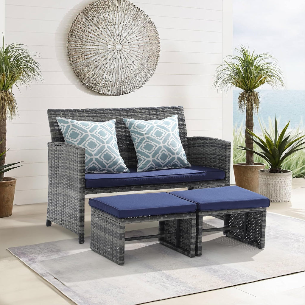 OC Orange-Casual Patio Furniture Set,3 Pieces Outdoor Wicker Conversation Loveseat with Ottomans for Porch, Gray Rattan Navy Blue Cushions