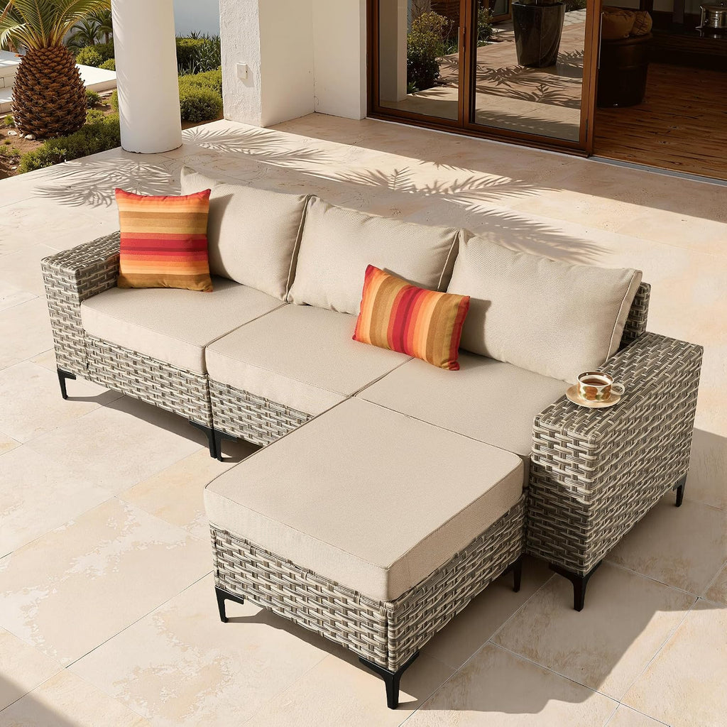 ovios 4-Piece Patio Furniture Set with L-Shape Sofa Chaise, Outdoor Sectional Couch Comfy Cushions, Modern Modular Wicker Rattan Conversation Set, Beige