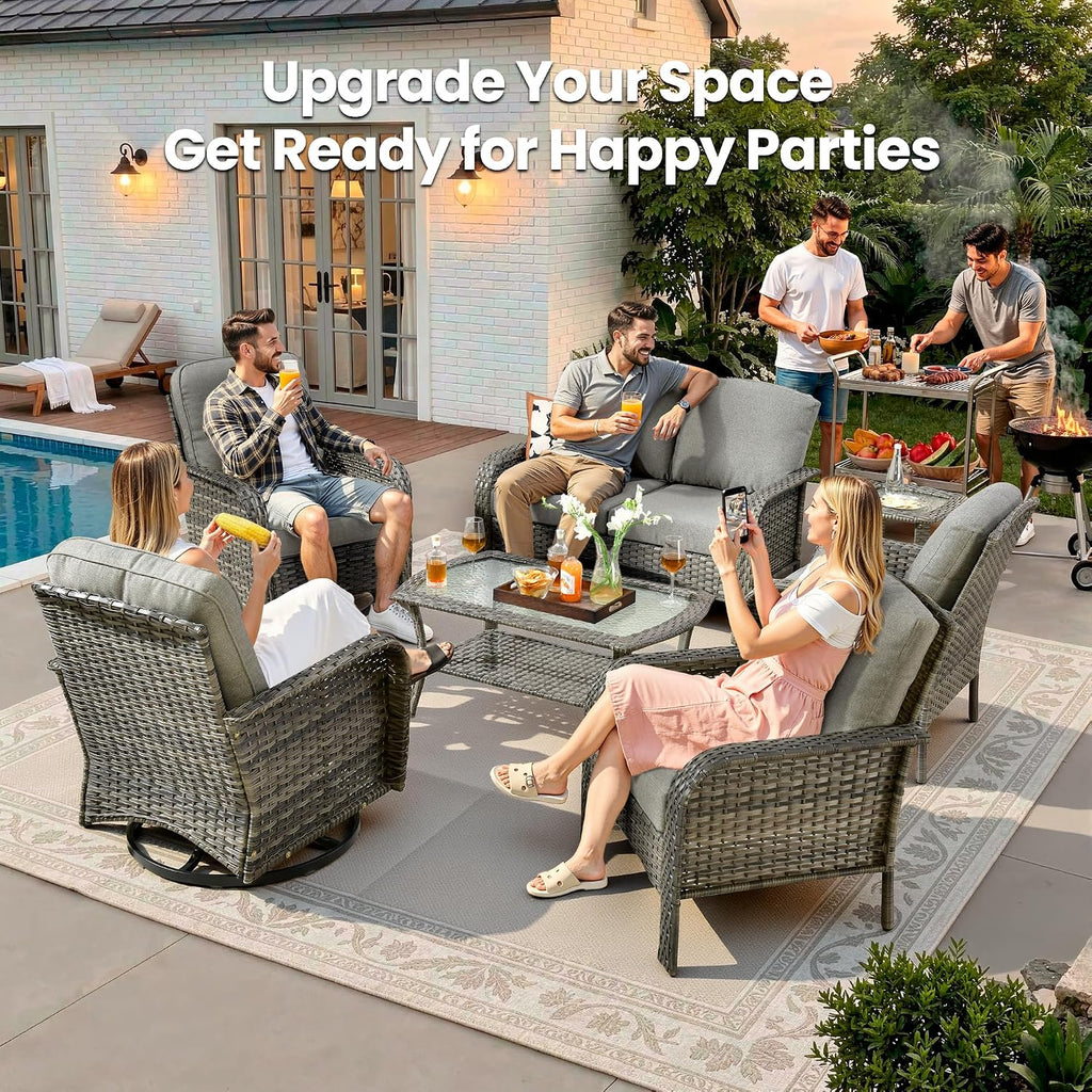 Weaxty 7 Pieces Patio Furniture Set with Swivel Chairs, Wicker Outdoor Furniture High Back Sofa Loveseat Coffee Table Rocking Chair, Rattan Patio Conversation Sets for Deck Backyard Porch, Dark Gray