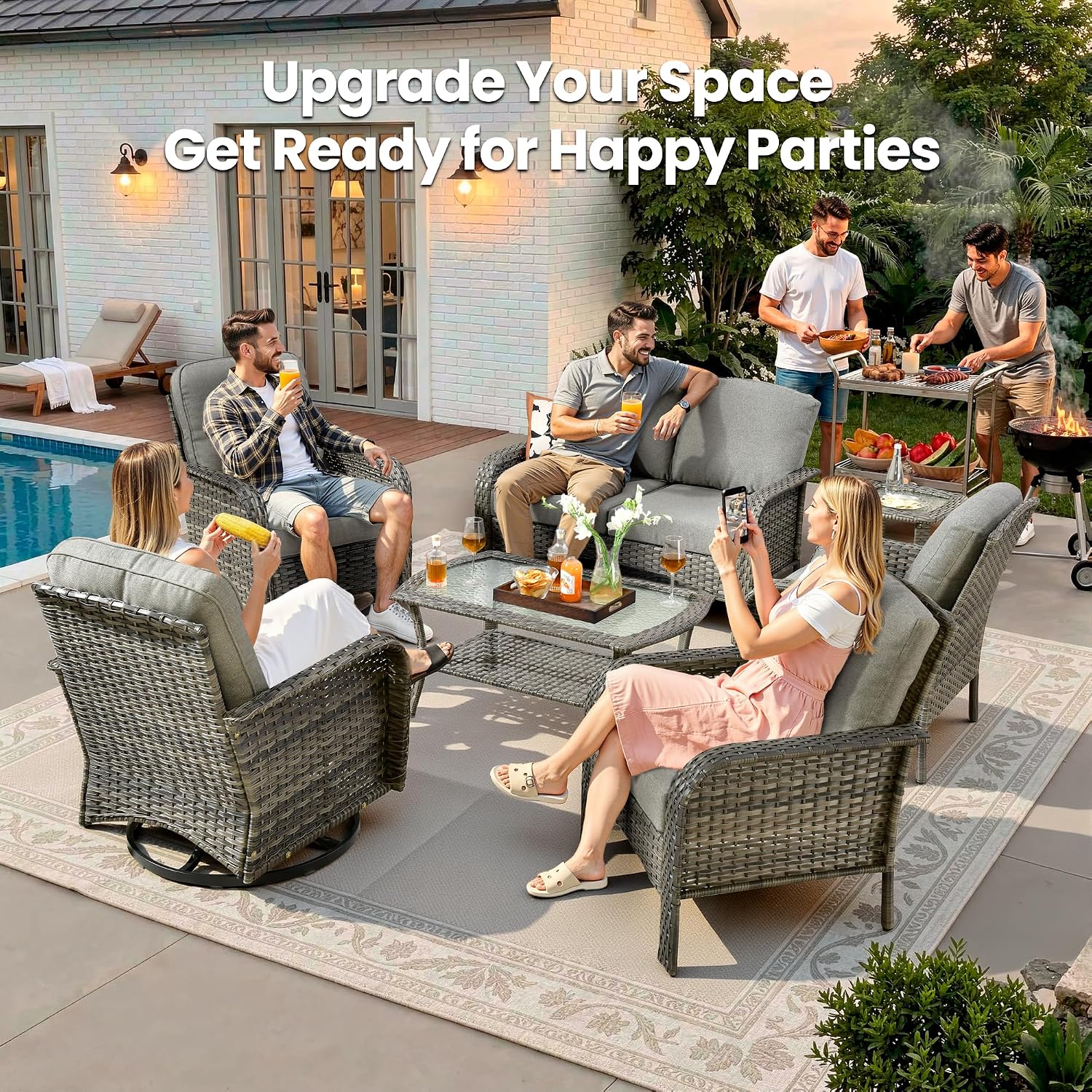 Weaxty 7 Pieces Patio Furniture Set with Swivel Chairs, Wicker Outdoor Furniture High Back Sofa Loveseat Coffee Table Rocking Chair, Rattan Patio Conversation Sets for Deck Backyard Porch, Dark Gray