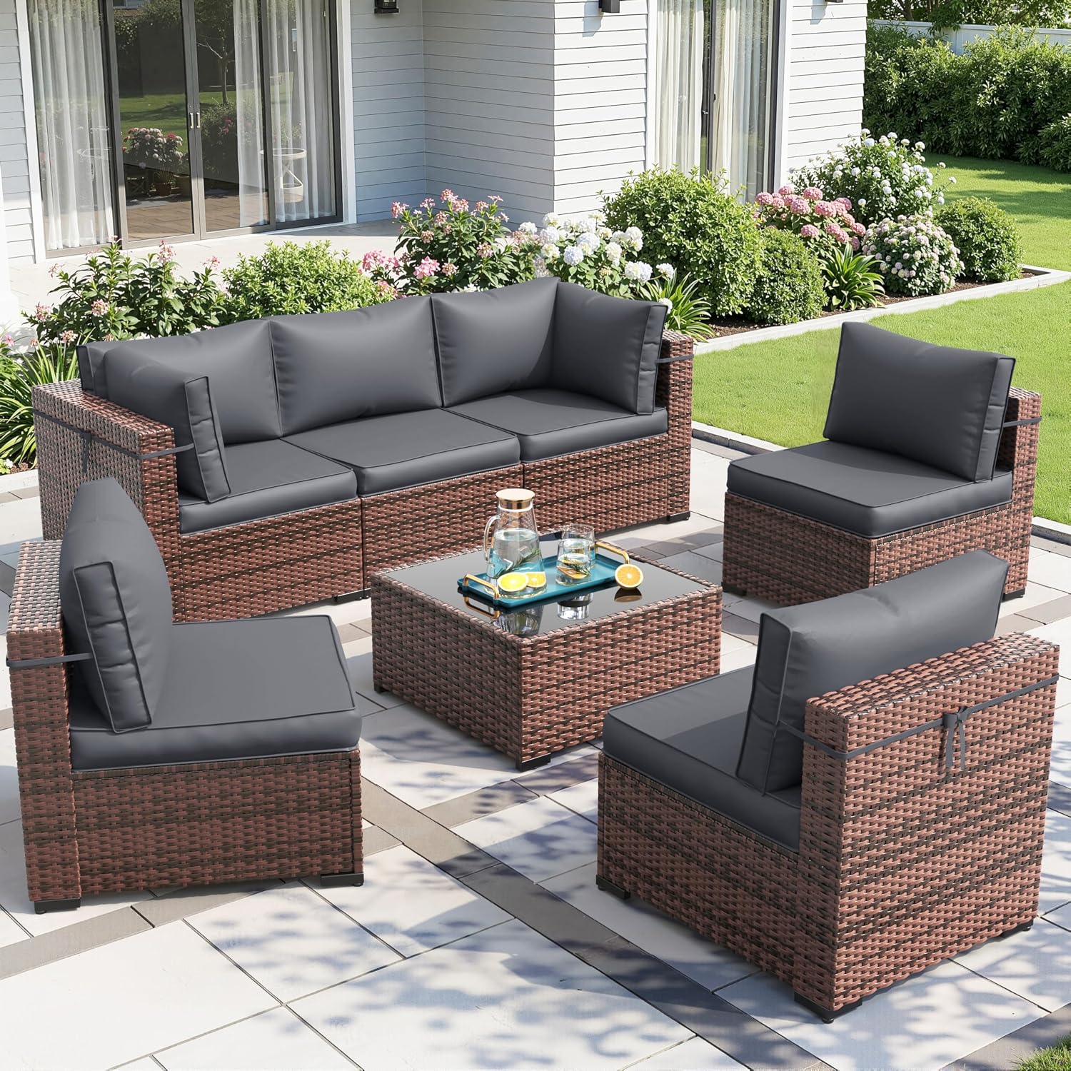 Patio Furniture Sets with Waterproof Cover, 7 Pieces Outdoor Rattan Sectional Sofa Set with Glass Table and Cushions,Wicker Patio Conversation Set for Outdoor Indoor Backyard Lawn Garden Porch (Grey)