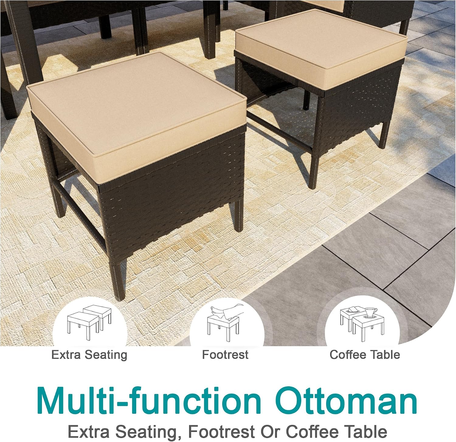 7 Pieces Patio Conversation Set, Outdoor Furniture Sectional with Throw Pillows and Anti-Slip Cushions, PE Rattan Sofa Set with Dining Table & Ottomans, Khaki