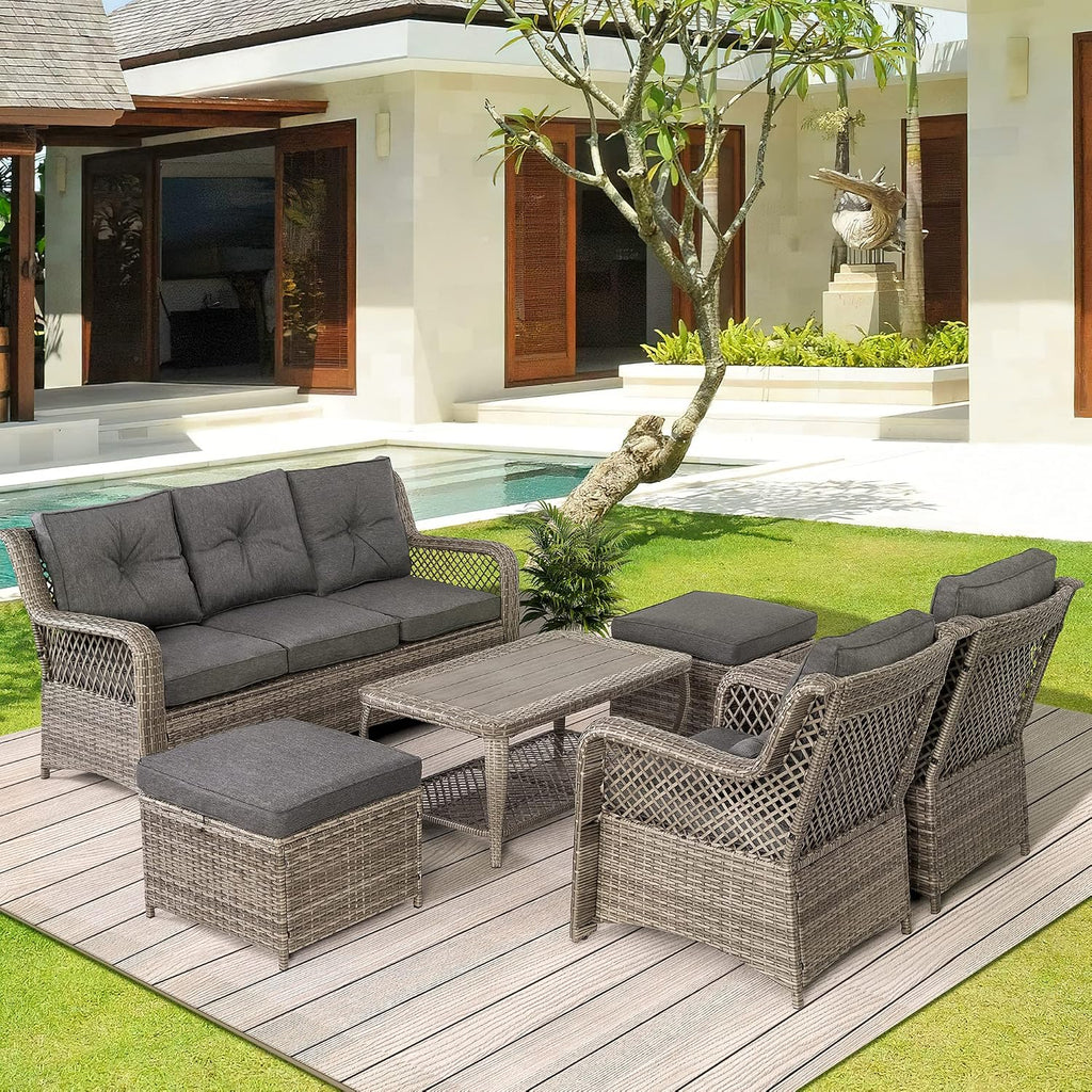 HOMREST 6 Pieces Patio Furniture Set, Wicker Outdoor Patio Conversation Sets, Sectional Rattan Sofa Chairs with Coffee Table, High Back, Ottoman, Cushions for Porch, Deck, Garden, Backyard (Grey)