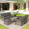 HOMREST 6 Pieces Patio Furniture Set, Wicker Outdoor Patio Conversation Sets, Sectional Rattan Sofa Chairs with Coffee Table, High Back, Ottoman, Cushions for Porch, Deck, Garden, Backyard (Grey)