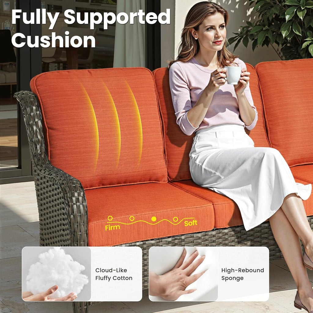 ovios 6-Pieces Patio Furniture Set, Outdoor Wicker Sofa Couch with Swivel Glider Chairs Comfy Cushions, High Back Modern Conversation Set, Brown Rattan, Orange Red