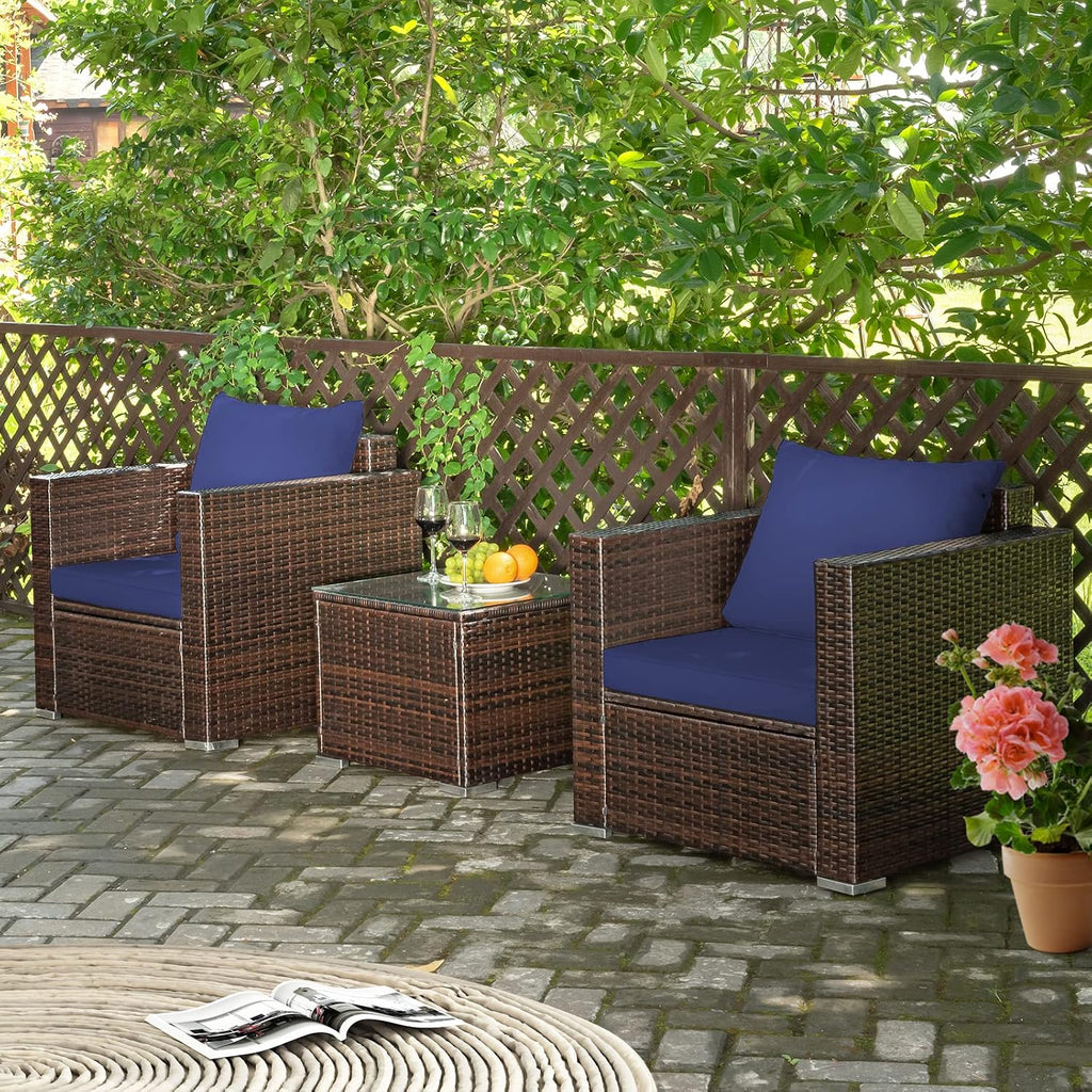 COSTWAY 3-Piece Patio Furniture Set, Outdoor Wicker Rattan Sofa with Cushions and Coffee Table with Tempered Glass, Modern Conversation Chair Set for Poolside Backyard Balcony Lawn (Navy)
