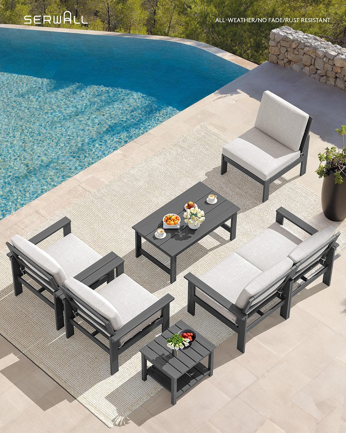 SERWALL HDPE Patio Furniture Set, 7-piece Outdoor Sectional Sofa Set, All Weather Outdoor Couch Set for Deck, Lawn, Grey Frame with Khaki Cushion