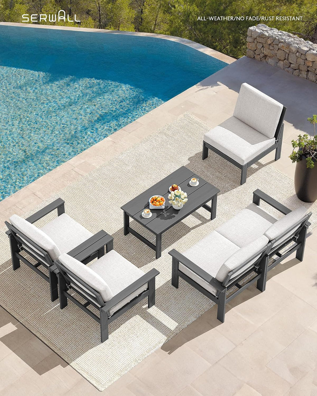 SERWALL HDPE Patio Conversation Set, 6-piece Sectional Outdoor Furniture Set, All Weather Outdoor Couch Set Patio Furniture Set for Deck, Lawn, Grey Frame with Khaki Cushion