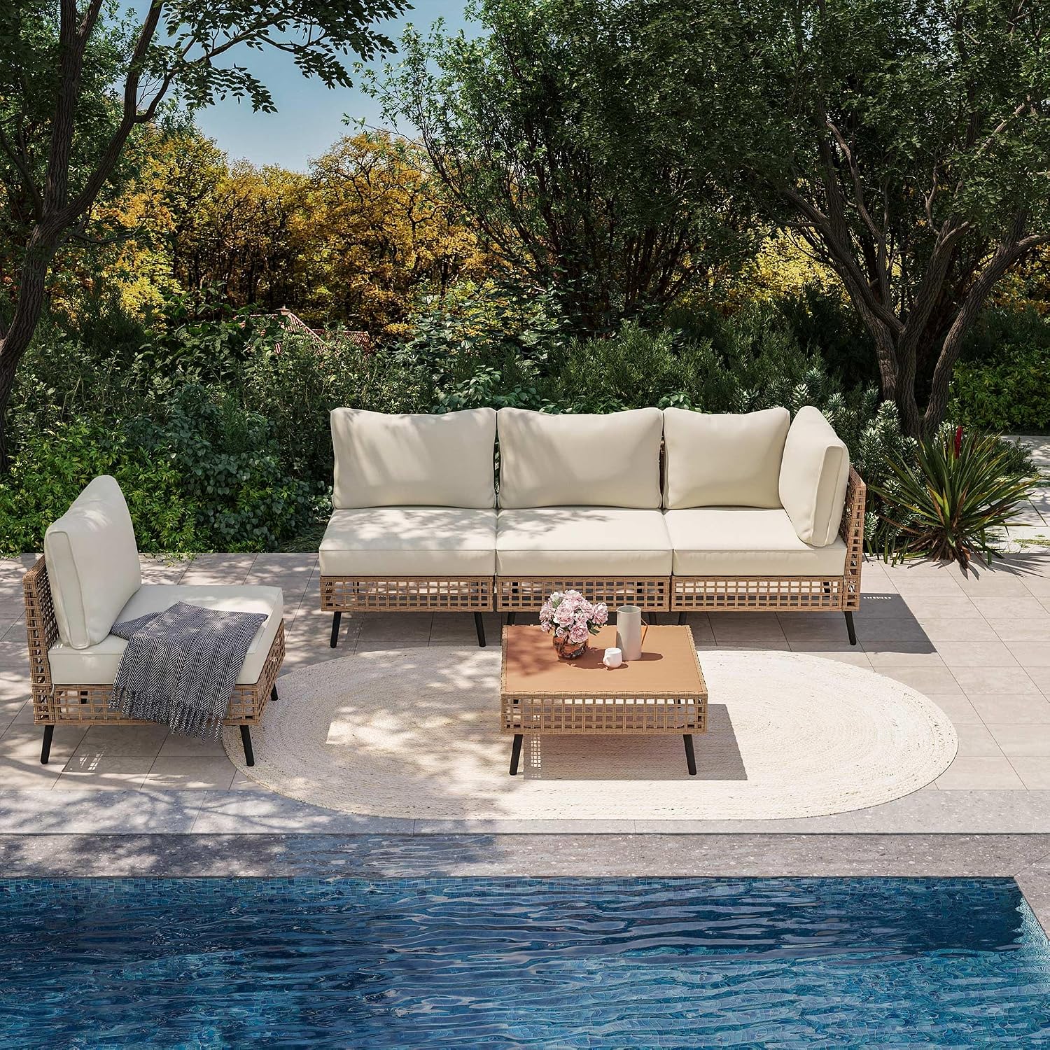 LAUSAINT HOME 5 Pieces Outdoor Sectional Sofa Set, All-Weather PE Wicker Rattan Patio Conversation Set with Thick Cushions & Coffee Table, Patio Furniture Set for Garden, Backyard, Porch (Beige)