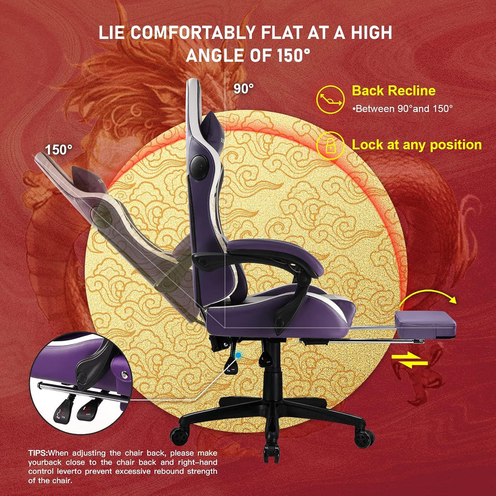GTPLAYER Gaming Chair with Bluetooth Speakers and Footrest, Dragon Series Video Game Chair, Heavy Duty Ergonomic Chair Esports Gaming Chair, Computer Office Desk Chair (Purple)