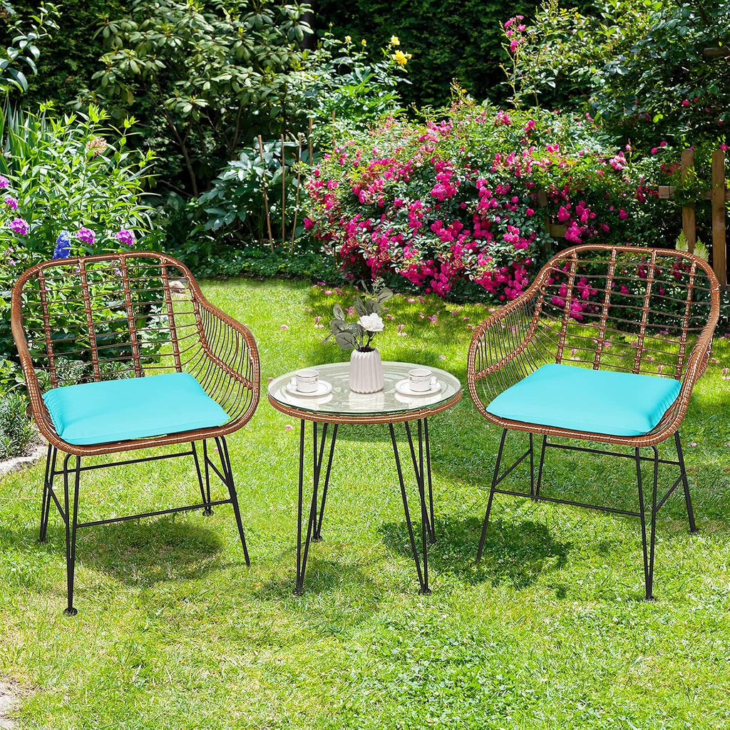 Tangkula 3 Pieces Patio Conversation Bistro Set, Outdoor Wicker Furniture w/Round Tempered Glass Top Table & 2 Rattan Armchairs, Bistro Chat Set w/Seat Cushions for Porch, Backyard, Garden