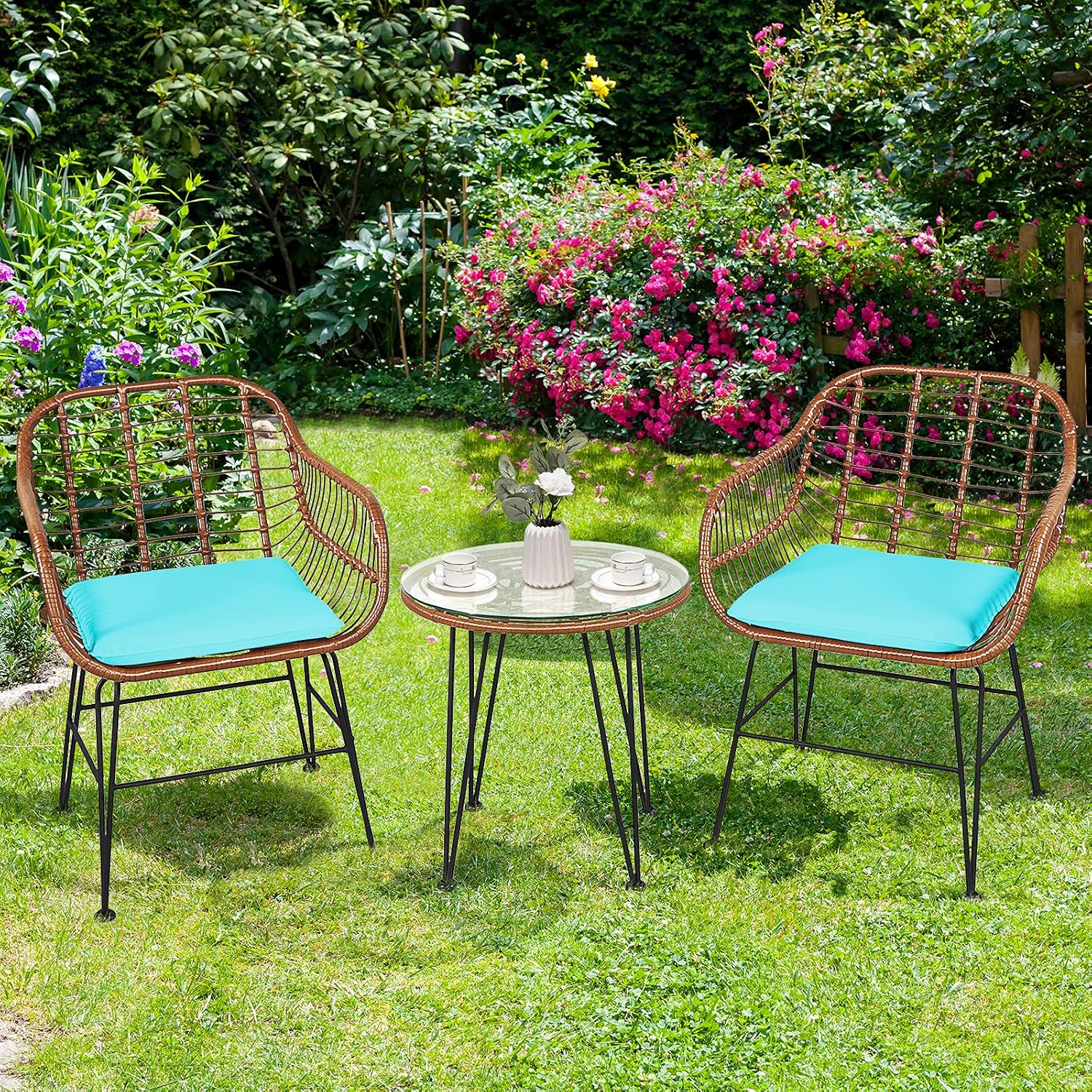 Tangkula 3 Pieces Patio Conversation Bistro Set, Outdoor Wicker Furniture w/Round Tempered Glass Top Table & 2 Rattan Armchairs, Bistro Chat Set w/Seat Cushions for Porch, Backyard, Garden