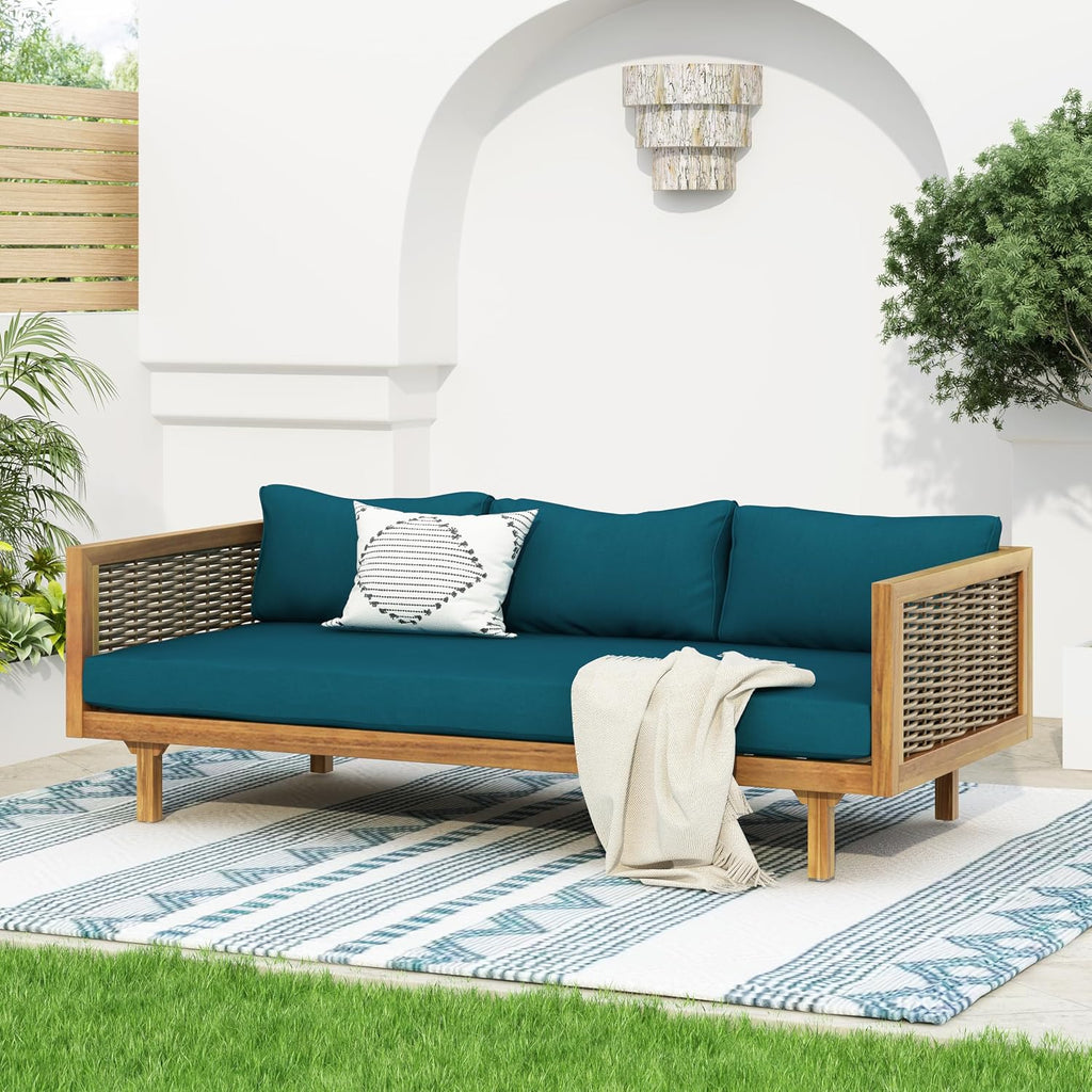 Christopher Knight Home Claremont Patio Sofa and Coffee Table Set, 2 Piece Wicker Patio Furniture Set, Acacia Wood 3 Seater Outdoor Sofa Daybed and Coffee Table Set, Teak+Dark Teal