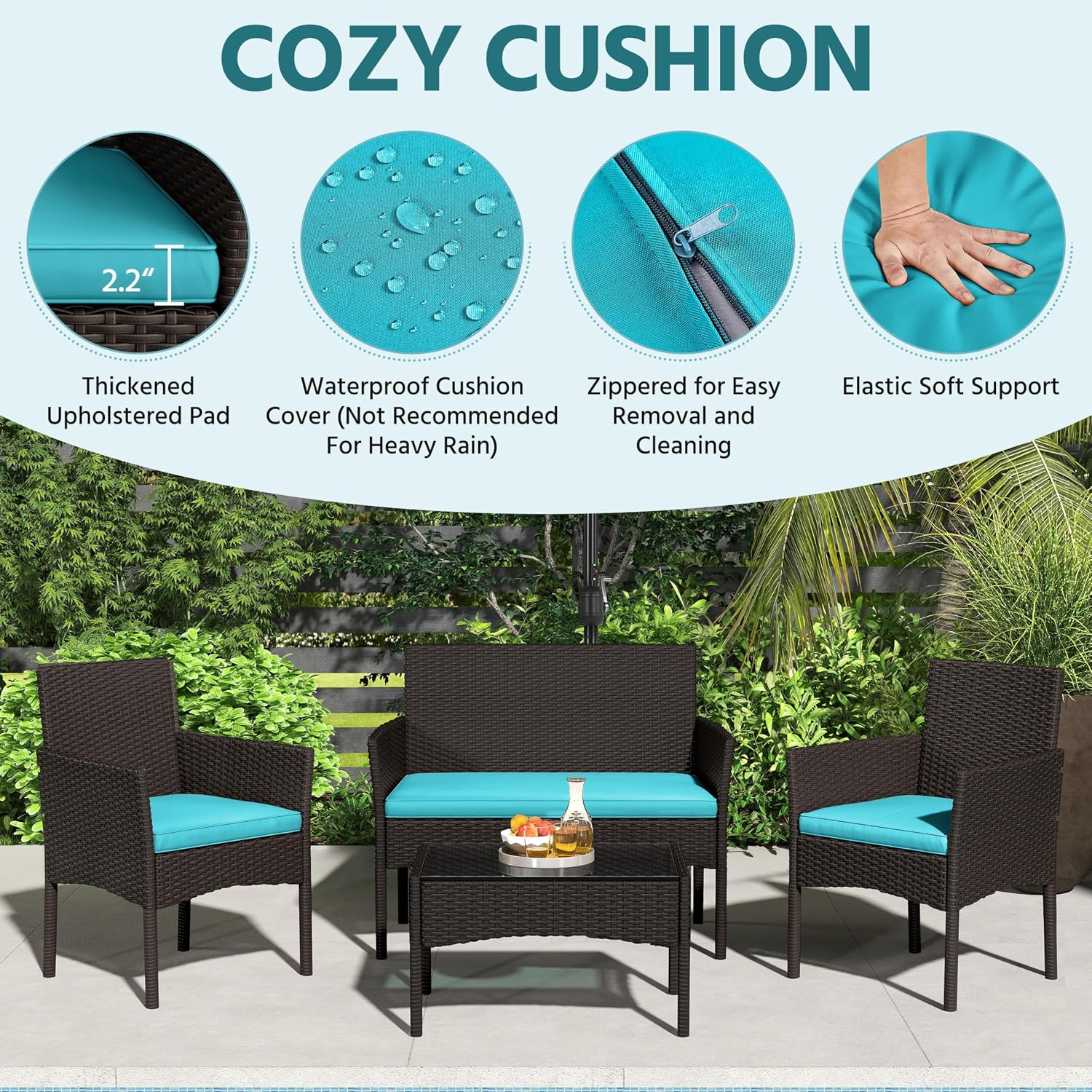 Yaheetech Patio Furniture Set 4 Pieces Conversation Sets, Rattan Chair Wicker Set Loveseat with Soft Cushion and Glass Table for Backyard Porch Garden Poolside Balcony, Brown and Cyan