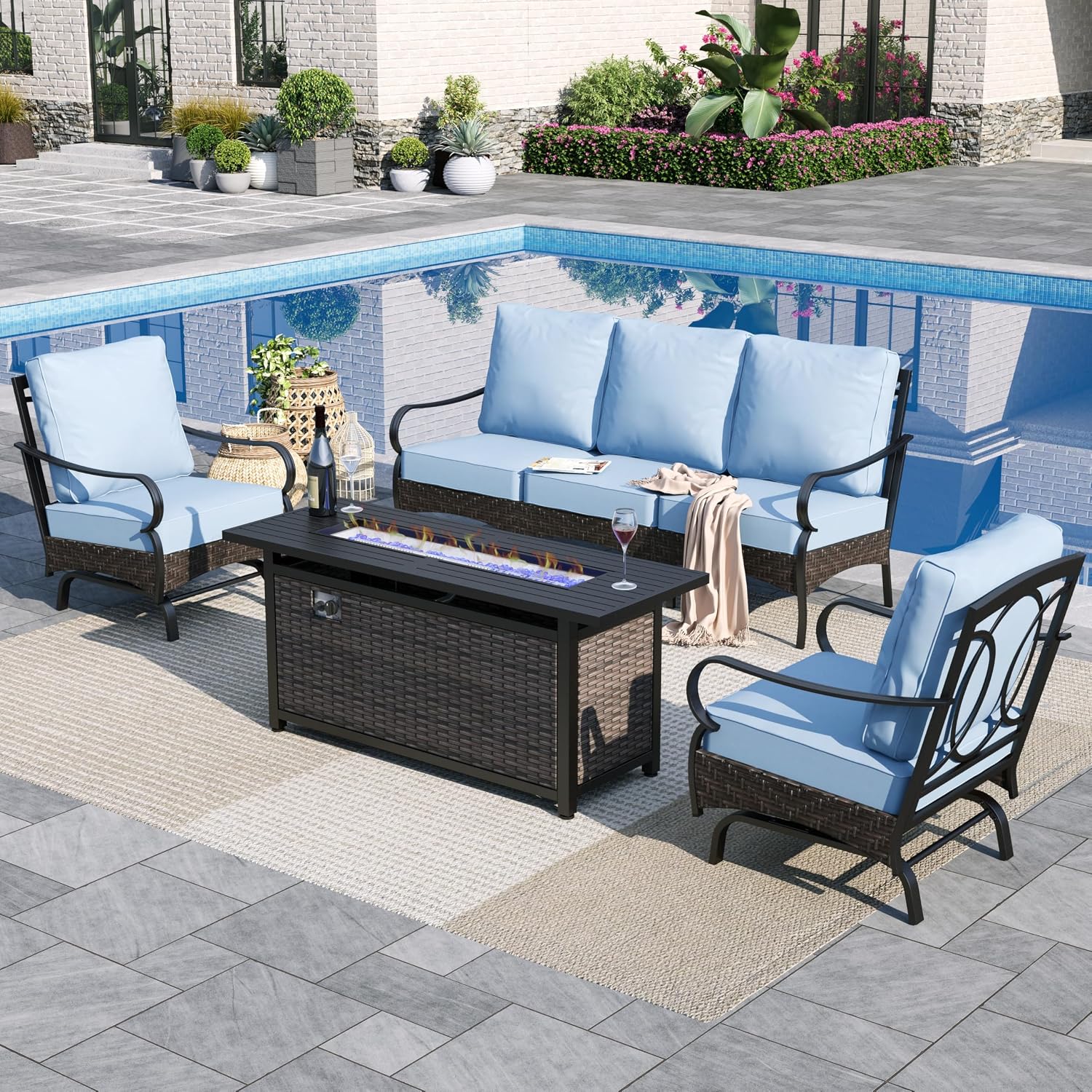 Sophia & William Patio Furniture Set with Fire Pit Table, 4 PCS Metal Outdoor Conversation Set with Fire Pit Table, 2 Sofa Chairs,3-Seater Couch for Outdoor Seating, Backyard, Porch(Blue)