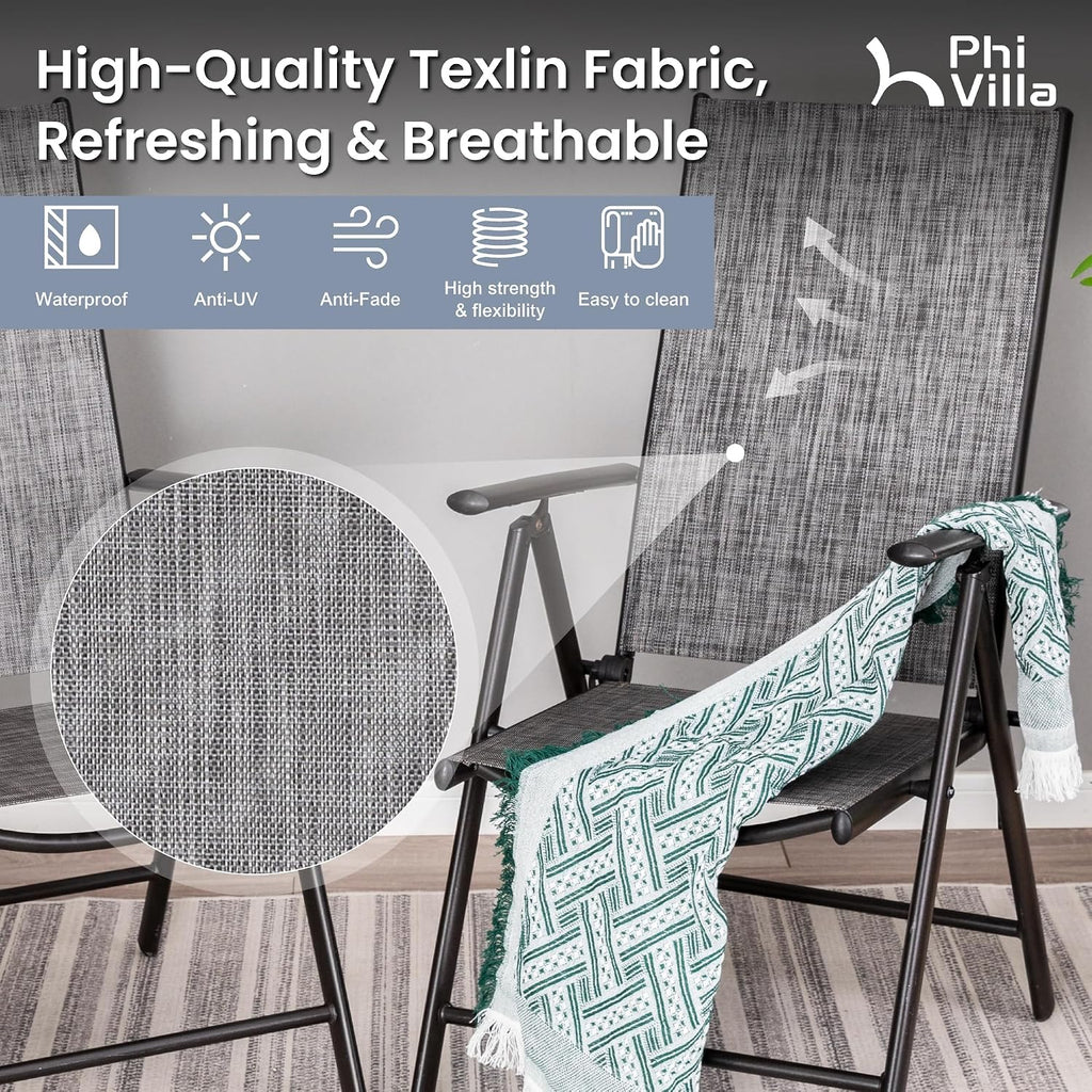 PHI VILLA 5-Piece Outdoor Dining Set for 4, All-Weather Grey Patio Furniture Set with Adjustable Folding Chairs & Square Metal Steel Table - Lightweight Portable Backyard Garden Set