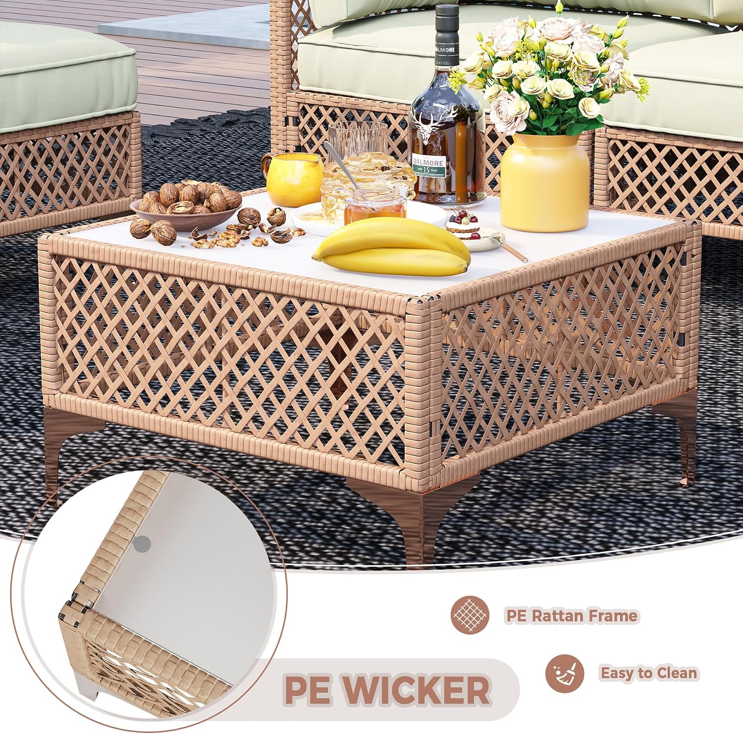 Outdoor Patio Furniture Set, Wicker Outdoor Sectional Set, Boho Patio Conversation Sectional Sofa with Large Tempered Glass Coffee Table and Waterproof Cushion (Large Size 5-Piece Patio Furniture)