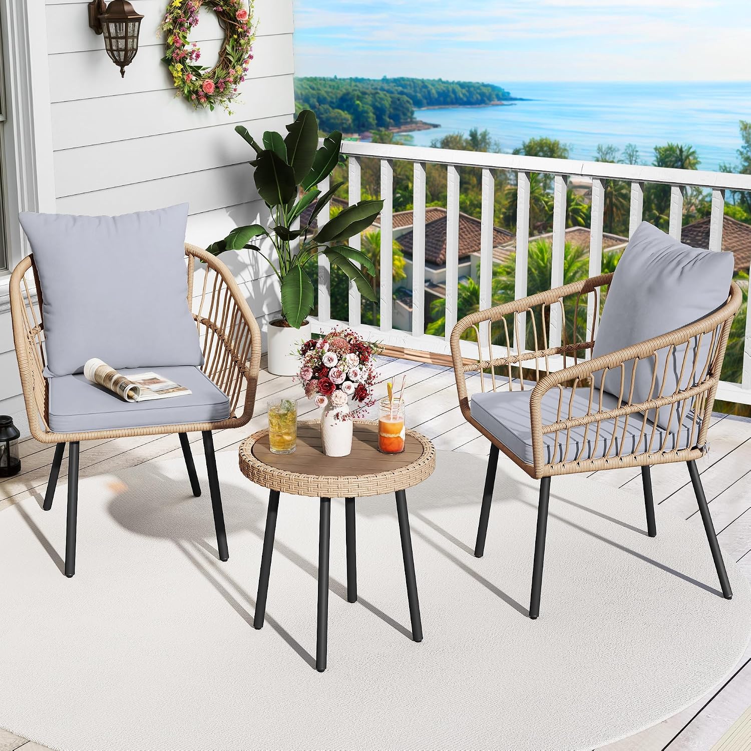YITAHOME 3 Piece Bistro Set Outdoor with Thick Cushions&Table All-Weather Wicker Patio Furniture Set with Armrest Rattan Conversation Set for Balcony, Backyard, Pool, Porch, Deck - Grey