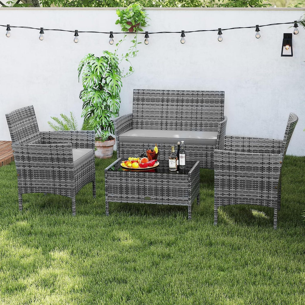 RELAX4LIFE 4-Piece Patio Furniture Set - Rattan Outdoor Conversation Bistro Set w/Cushions, Glass Coffee Table, Wicker Chairs & Loveseat for Garden Backyard Porch, Balcony Furniture Set (1, Mix Grey)