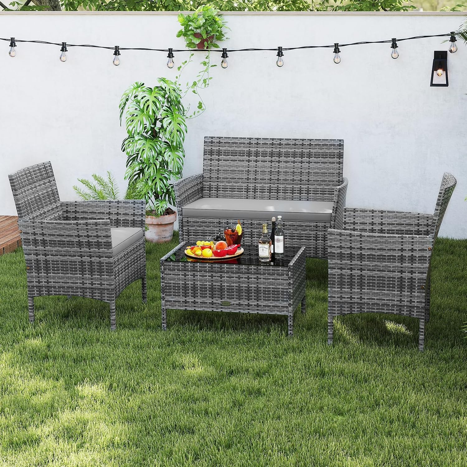 RELAX4LIFE 4-Piece Patio Furniture Set - Rattan Outdoor Conversation Bistro Set w/Cushions, Glass Coffee Table, Wicker Chairs & Loveseat for Garden Backyard Porch, Balcony Furniture Set (1, Mix Grey)