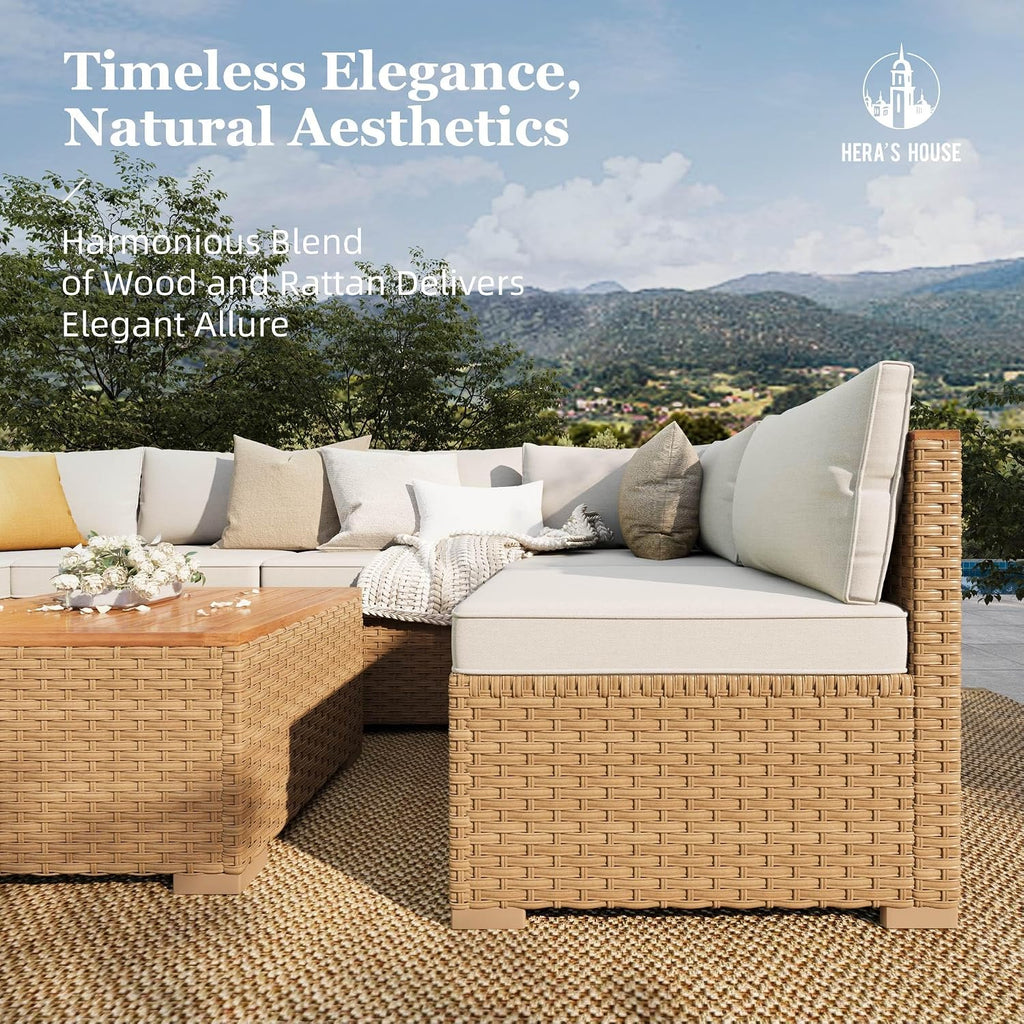 HERA'S HOUSE Wicker Patio Furniture Set, 5 Pieces Outdoor Sectional Sets with 6 Seats, Rattan Conversation Set with Sofa and Wood Coffee Table for Garden and Backyard, l Shape Boho Balcony Couch Set