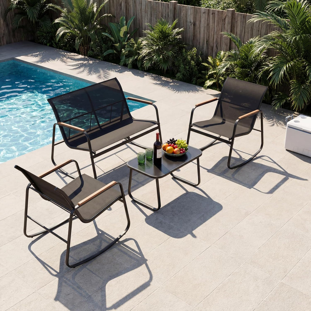 DWVO 4-Piece Patio Furniture Set, Textilene Conversation Set with 2 Rocking Chairs and Tempered Glass Coffee Table, Ideal for Indoor Patio Lawn Garden Poolside, Black