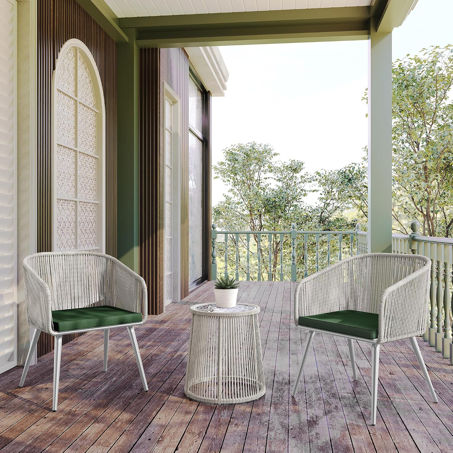 East Oak 3-Piece Patio Bistro Set, Patio Conversation Set with 2 Wide Ergonomic Chairs, Cushions & Glass Top Side Table, Outdoor All-Weather Wicker Furniture for Porch, Upgrade Ivory & Jungle Green