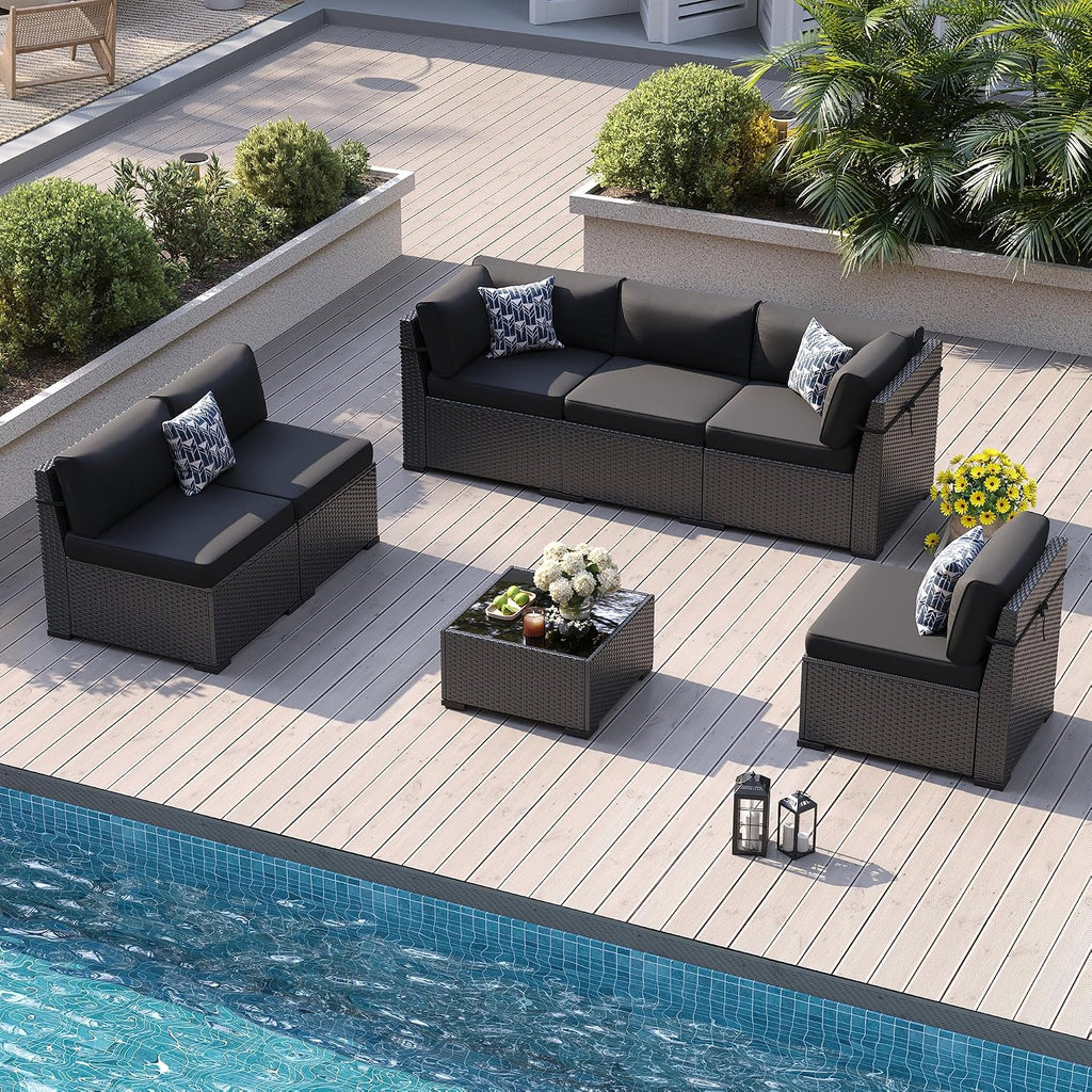 Patio Furniture Sets, 7-Piece Outdoor Patio Furniture with Thick Cushions,Coffee Table Outdoor All-Weather Conversation Set Sectional Sofa for Backyard, Poolside, Garden(Black)