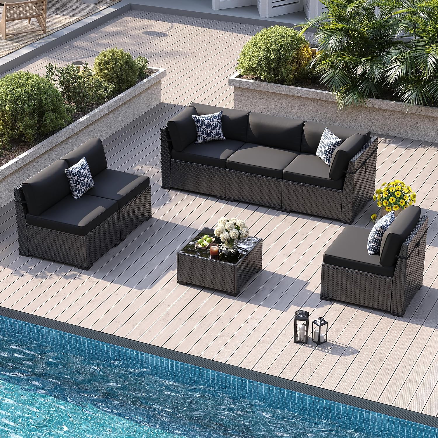 Patio Furniture Sets, 7-Piece Outdoor Patio Furniture with Thick Cushions,Coffee Table Outdoor All-Weather Conversation Set Sectional Sofa for Backyard, Poolside, Garden(Black)