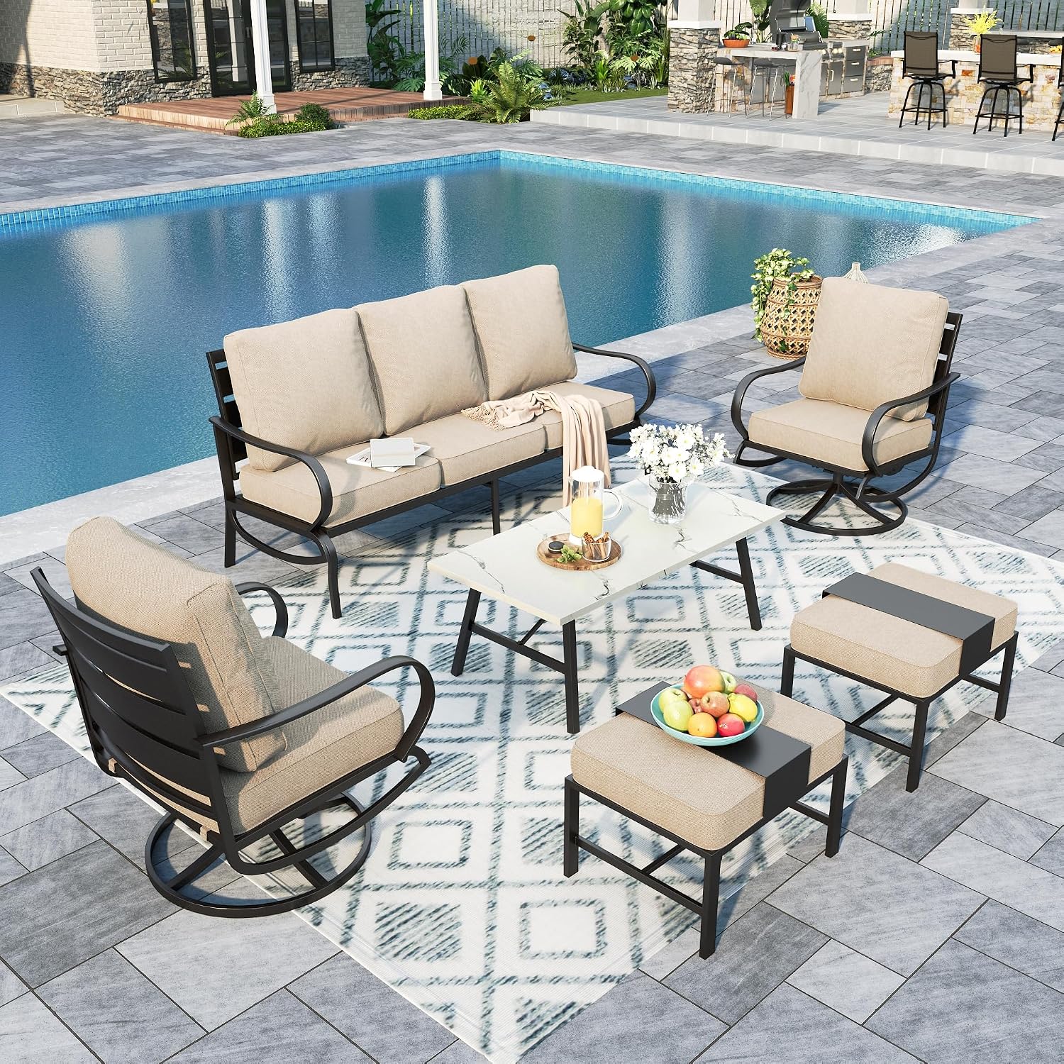 Sophia & William Patio Furniture Sets 7 Seats Outdoor Conversation Set 6 Pcs,2 x Cushioned Swivel Sofa Chairs,1 x 3-Seat Sofa,2 Ottomans, Marbling Metal Coffee Table Patio Backyard Poolside Beige