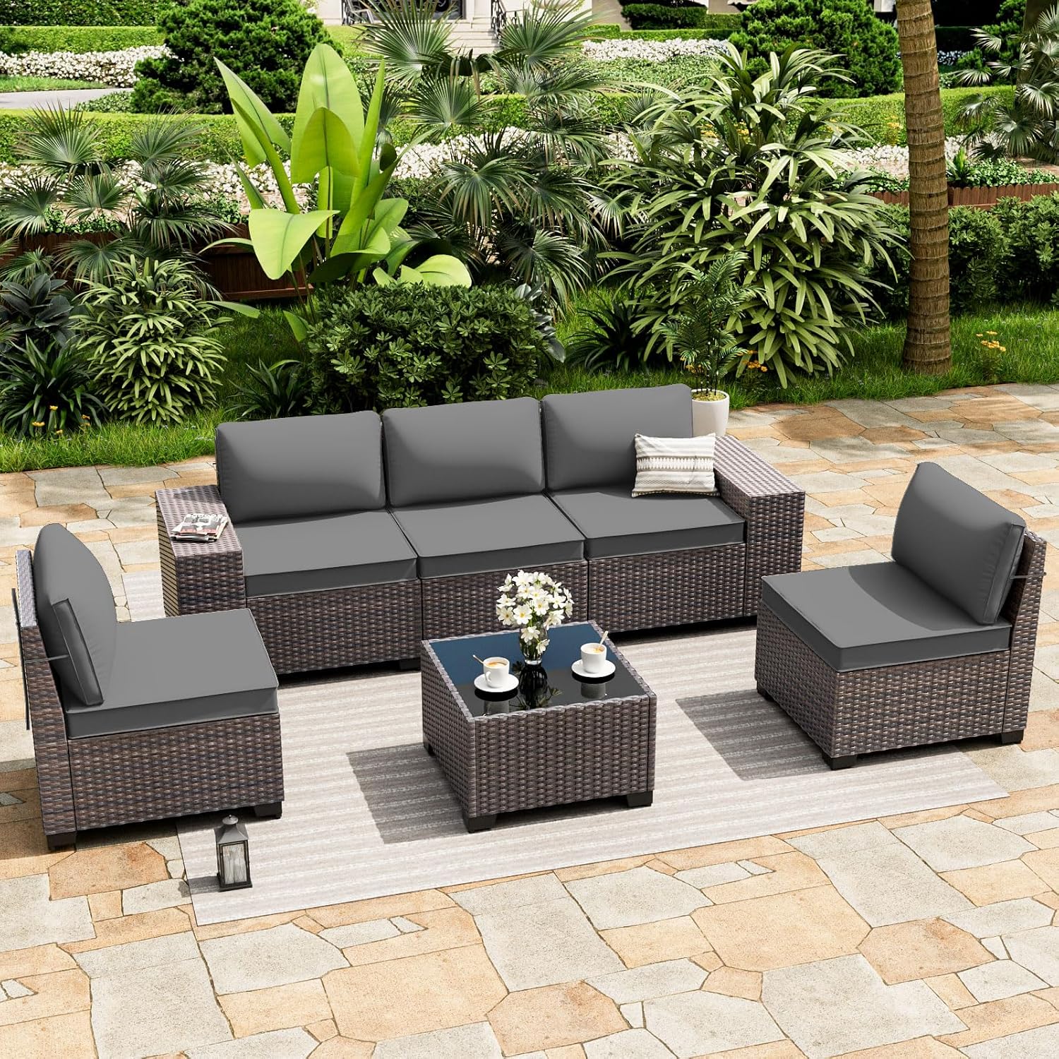 ALAULM 6 Pieces Patio Furniture Set, Oversized Seat/Armrest and High Back Wicker Sectional Furniture Set with Thick Cushion for Backyard, Garden, Grey