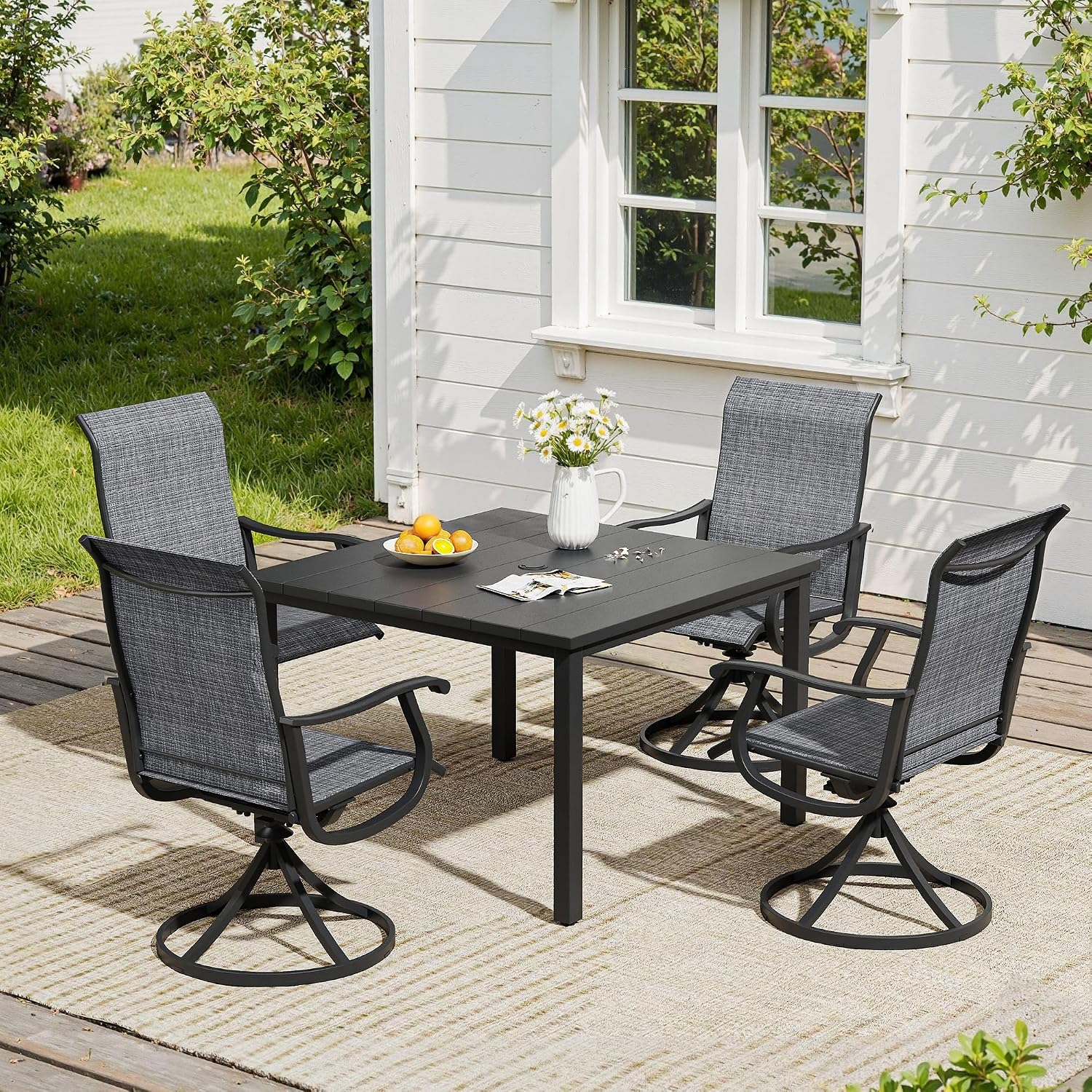 VICLLAX 5 Pieces Patio Dining Set, Patio Furniture Set of 4 Patio Swivel Dining Chairs and Square Patio Table, Dark Charcoal Chairs & Black Tabletop